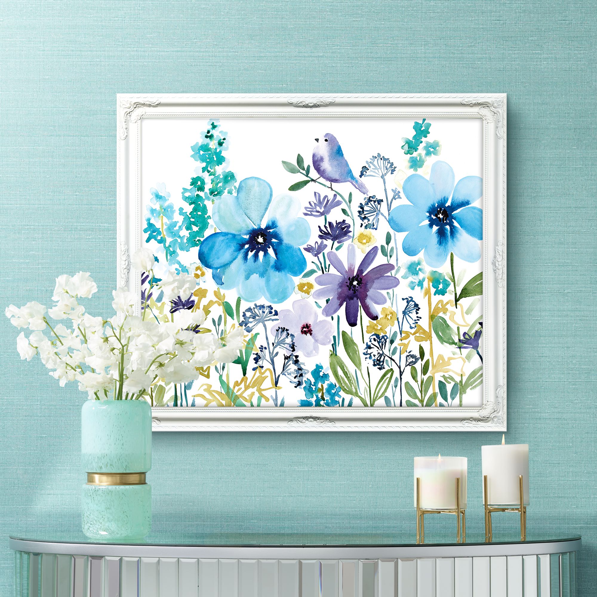 Peek-A-Blue 32" Wide Illustrated Framed Floral Wall Art
