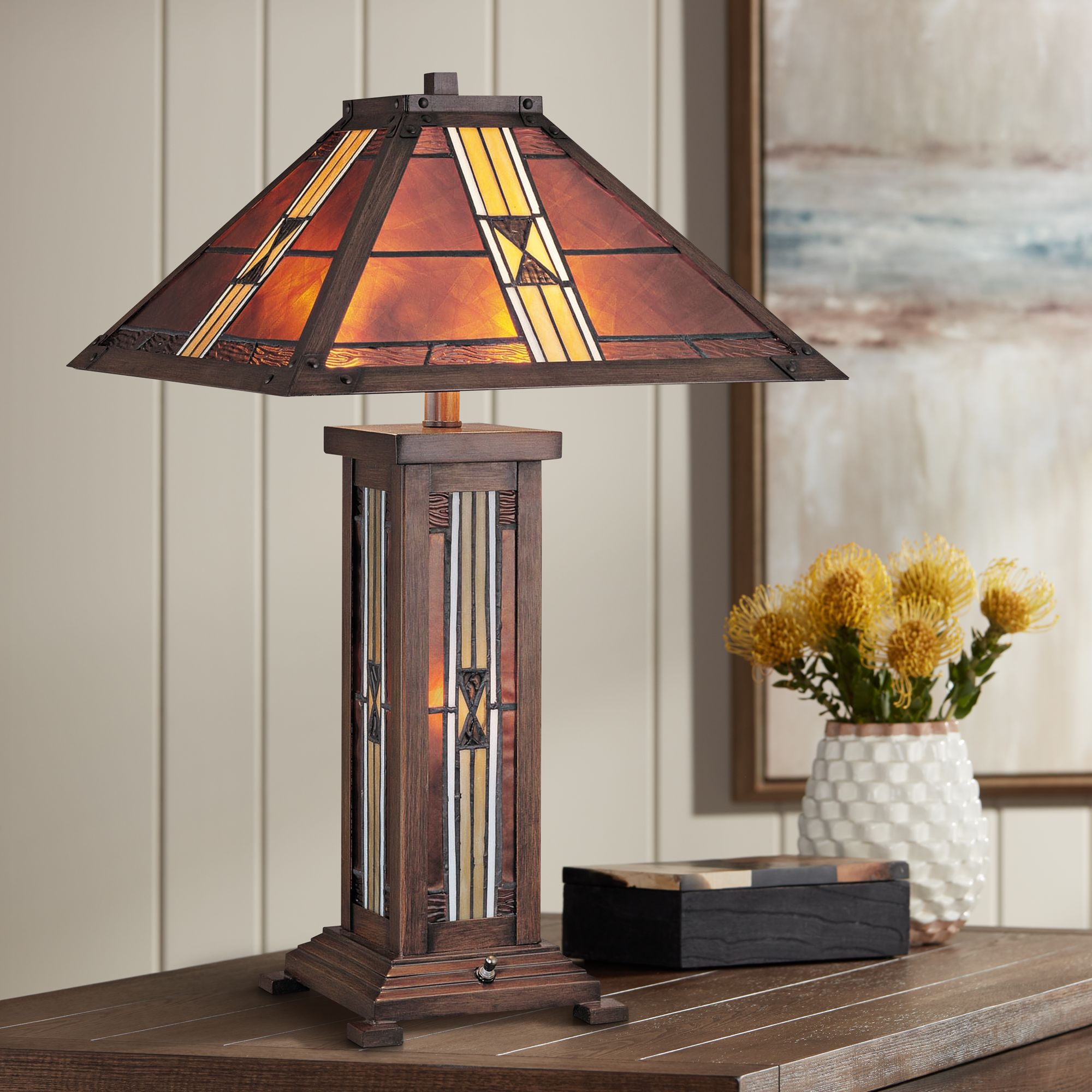 Lite Source Farah Bronze Nightlight Art Glass Table Lamp
