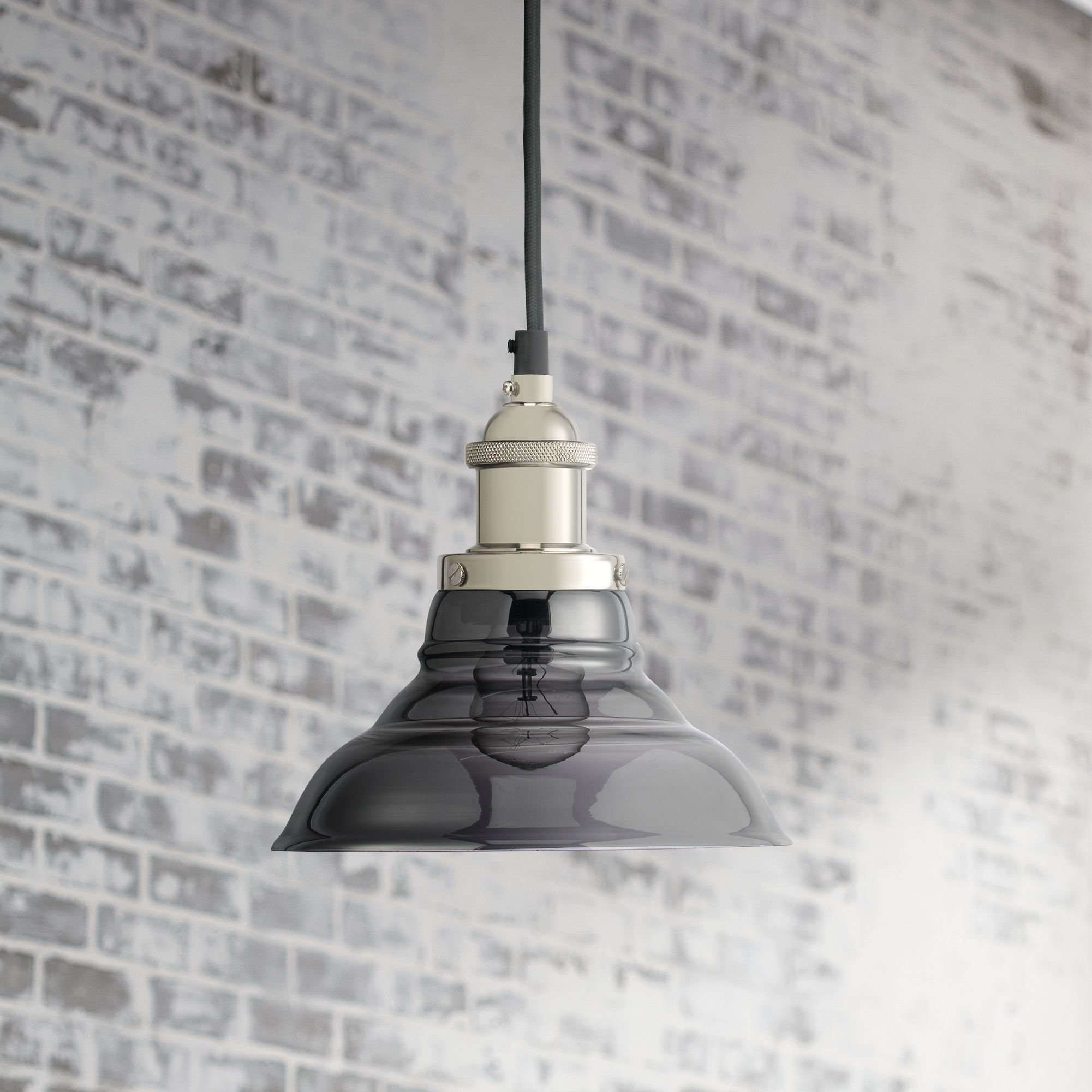 Factory 7 1/2" Wide Smoke Glass and Nicken Bell Mini Pendant