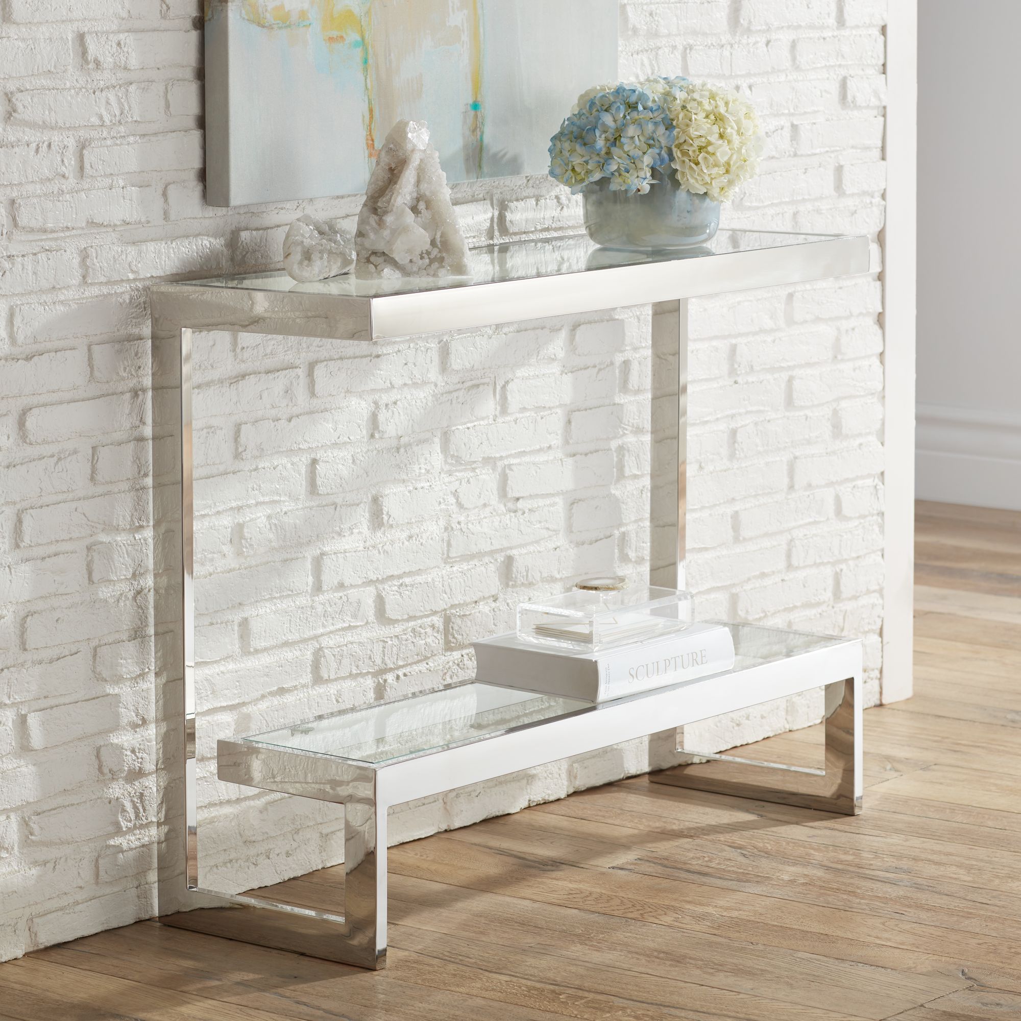Rico 39 1/2" Wide Chrome Glass Shelf Modern Console Table