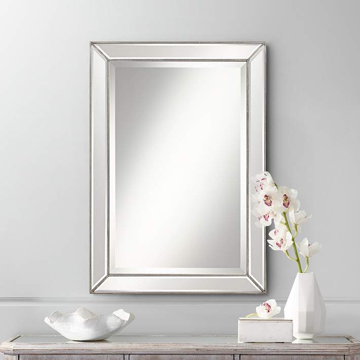 Roseau Silver Pewter 24 X 34 Beaded, Silver Beaded Frame Wall Mirror