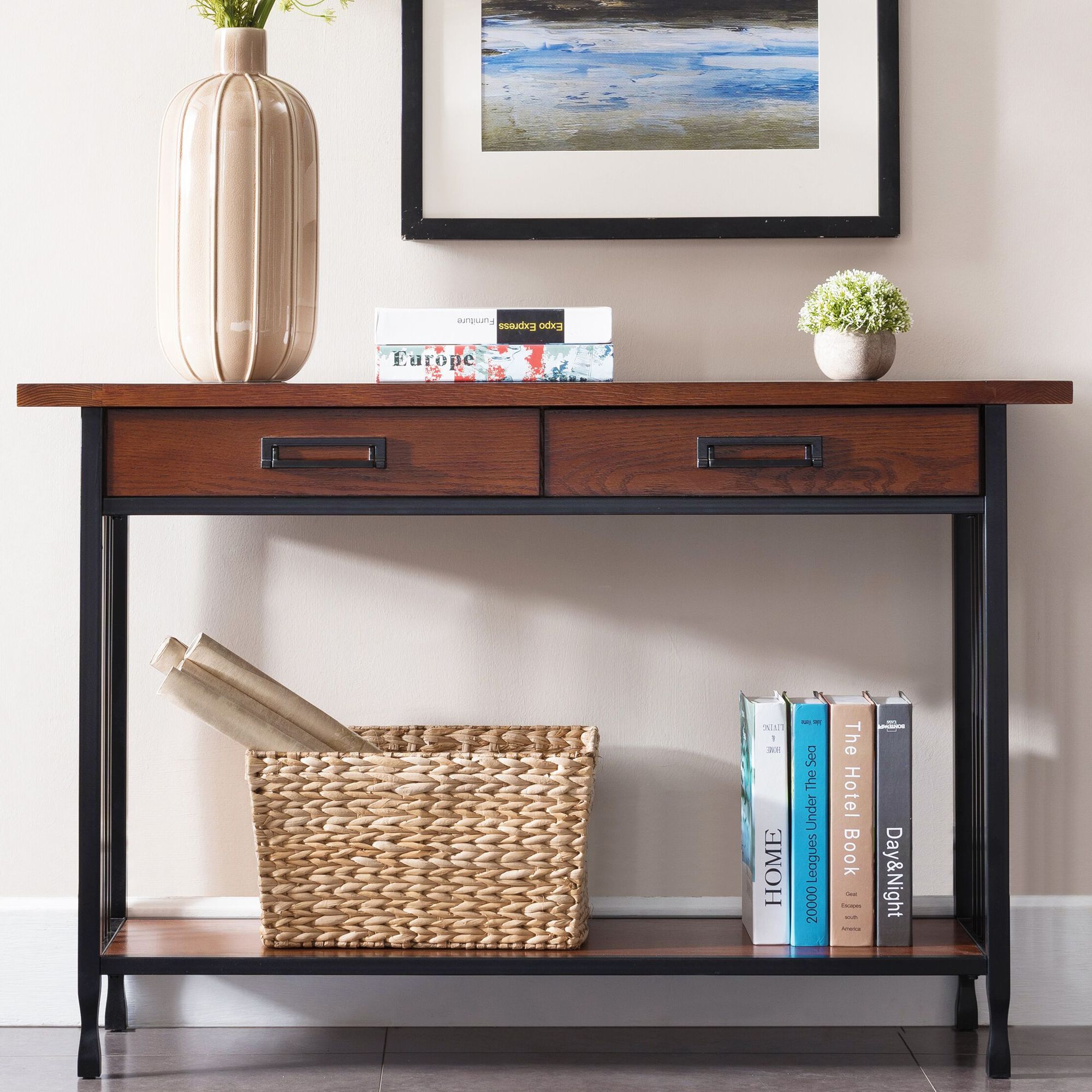 Ironcraft 46" Wide Metal and Oak Top 2-Drawer Sofa Table