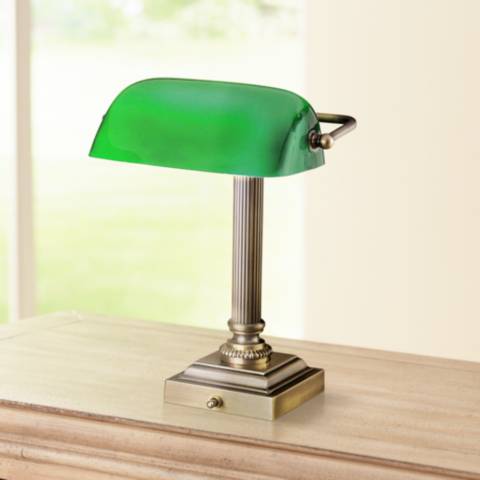 Hightower Antique Brass Banker Desk, Hammond Green Glass Brass Bankers Table Lamp
