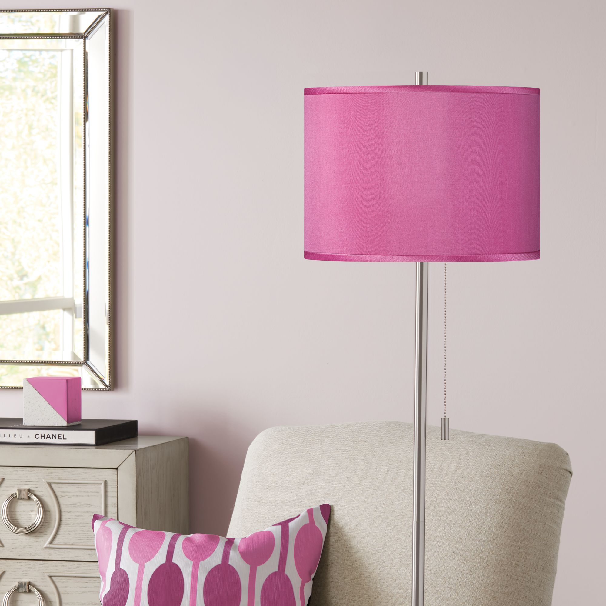 Pink Orchid Polyester Brushed Nickel Pull Chain Floor Lamp