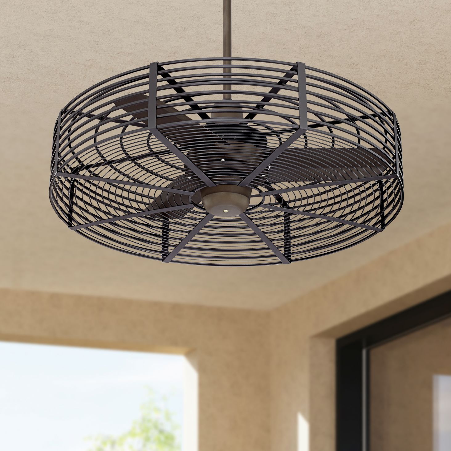 32" Vintage Breeze DC Bronze-Black Cage Ceiling Fan with Remote
