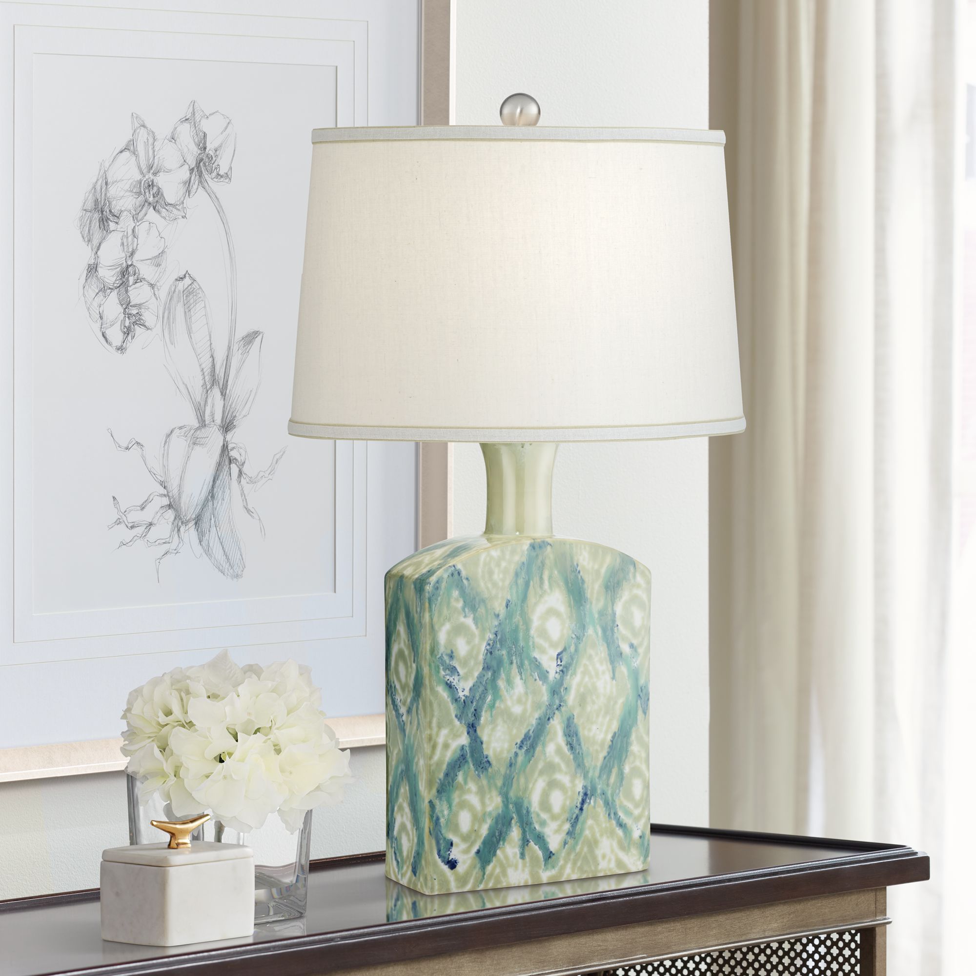 Possini Euro Sheila Green-Blue Diamonds Ceramic Table Lamp