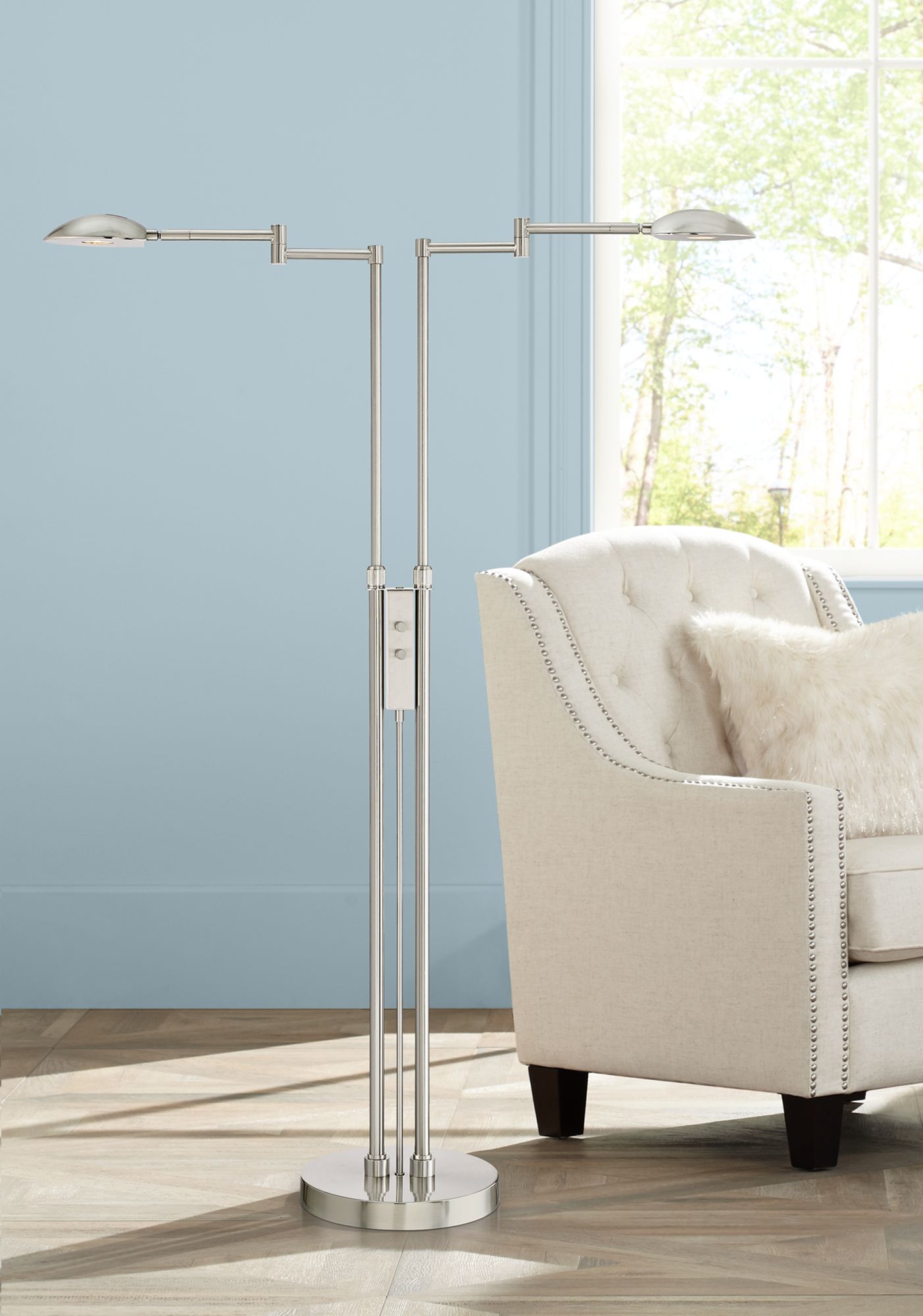 Eliptik Satin Nickel LED Double Swing Arm Floor Lamp