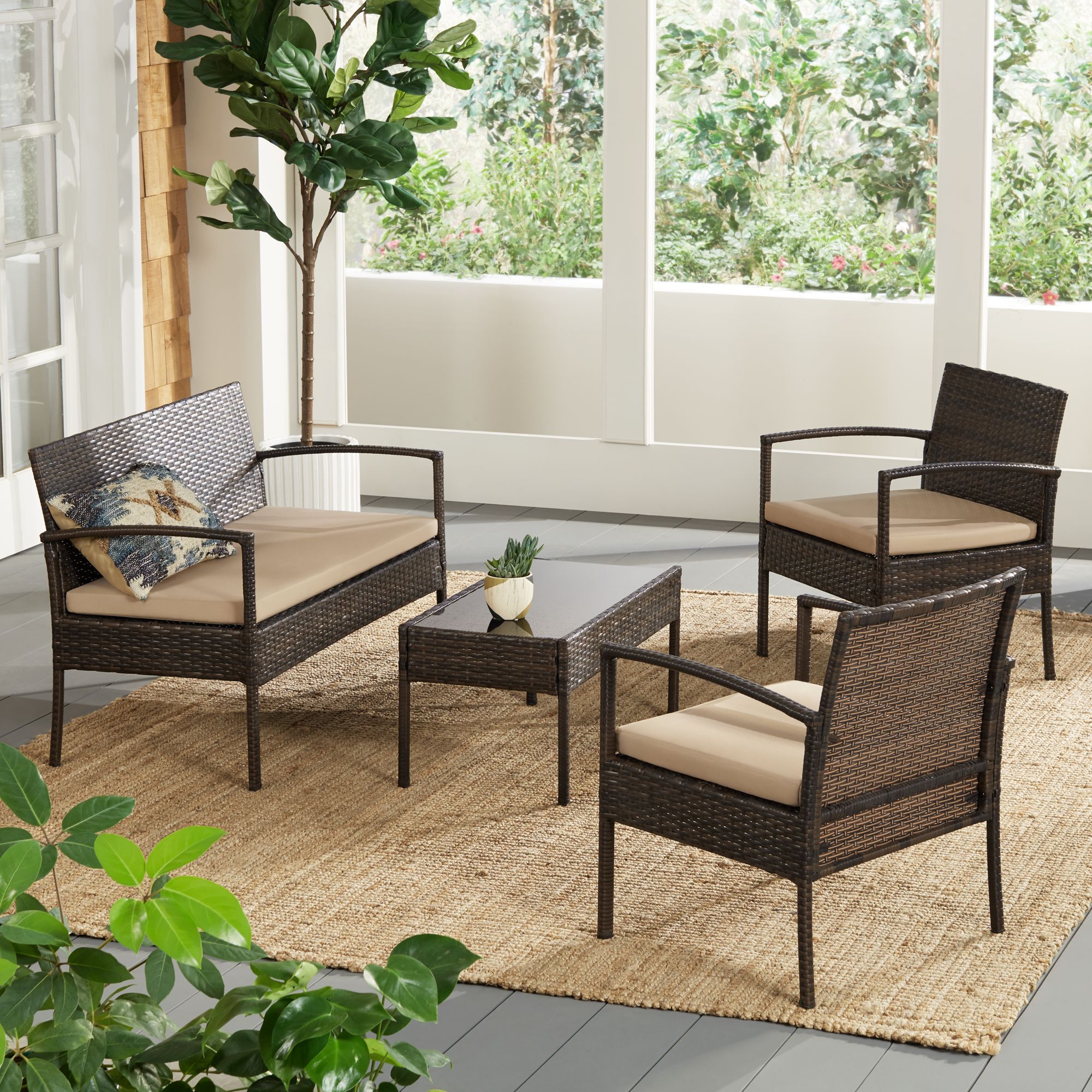 Cayman Isle Wicker Tan Cushion 4-Piece Outdoor Patio Set