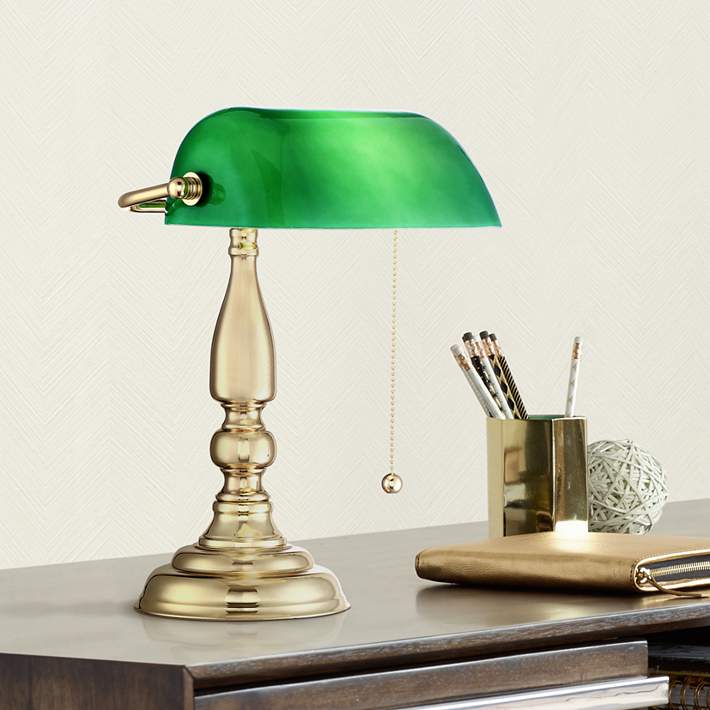Hammond Green Glass Brass Bankers Table, Classic Green Bankers Table Lamp