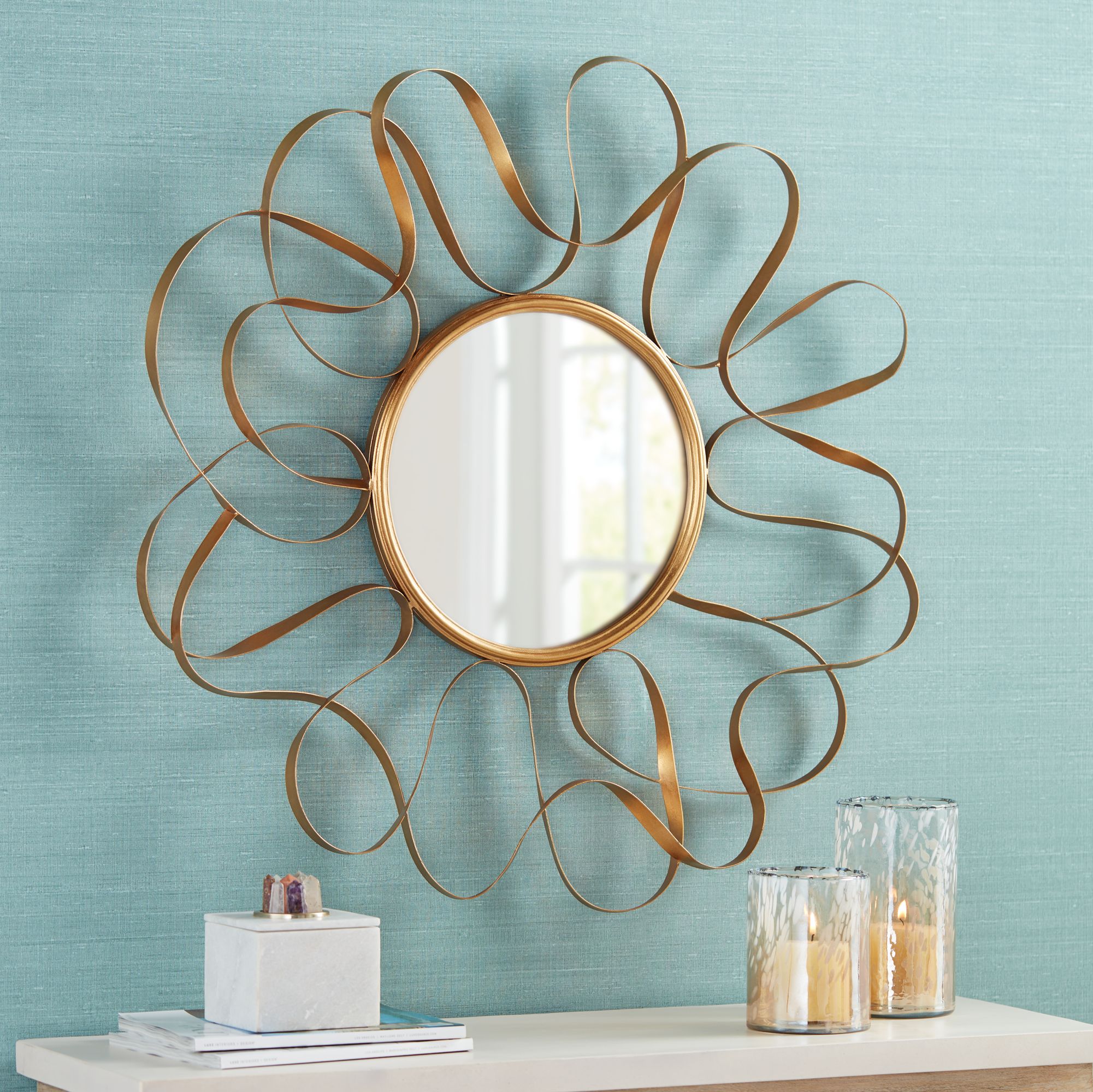 Serra Gold Waves 34 1/2" Round Oversize Metal Wall Mirror