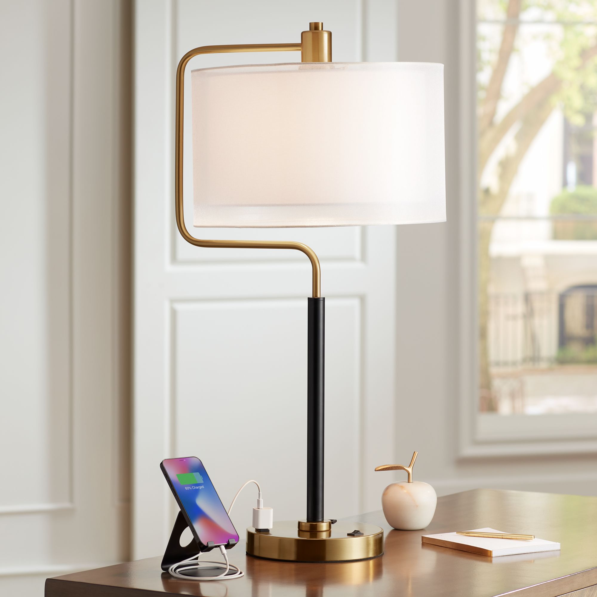 Possini Euro Carlyle Desk Lamp with Designer Shade and USB Port plus Outlet