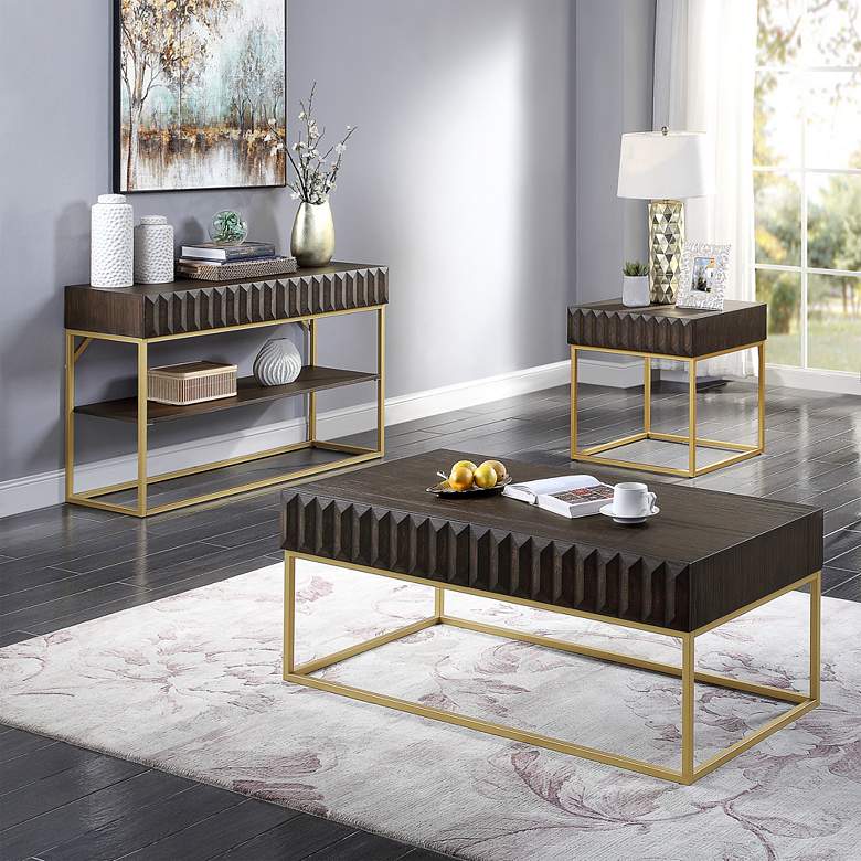 Gilhame Walnut Wood and Gold Metal 3-Piece Coffee Tables Set