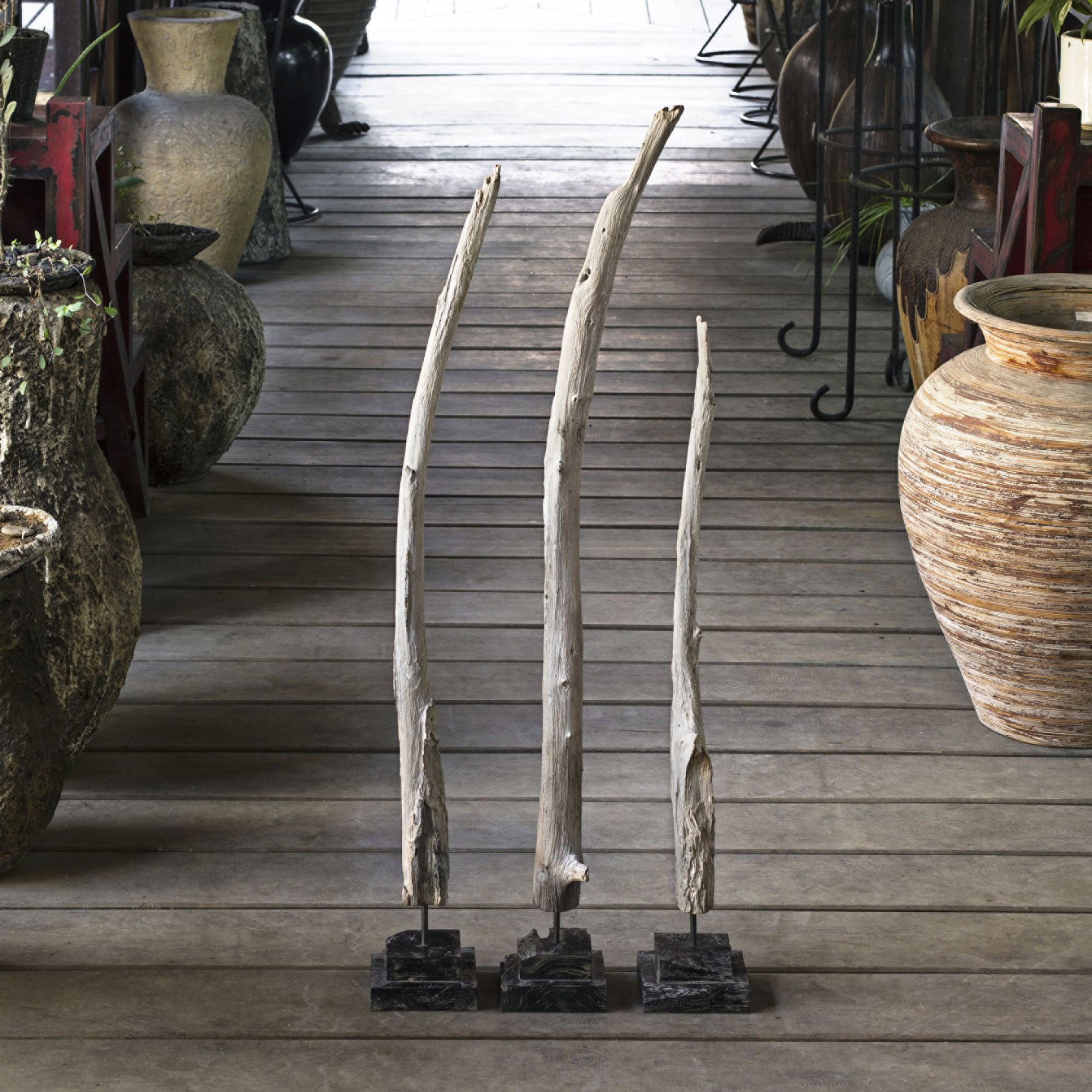 Teak 40" High Driftwood Wood Sculptures - Set of 3