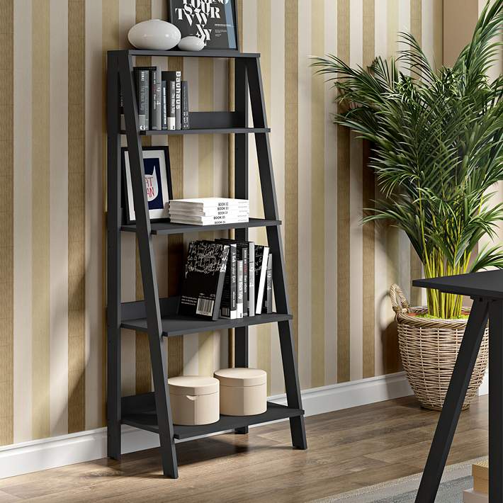 4 Shelf Ladder Bookshelf 24w71, 55 In White Wood 4 Shelf Ladder Bookcase With Open Back