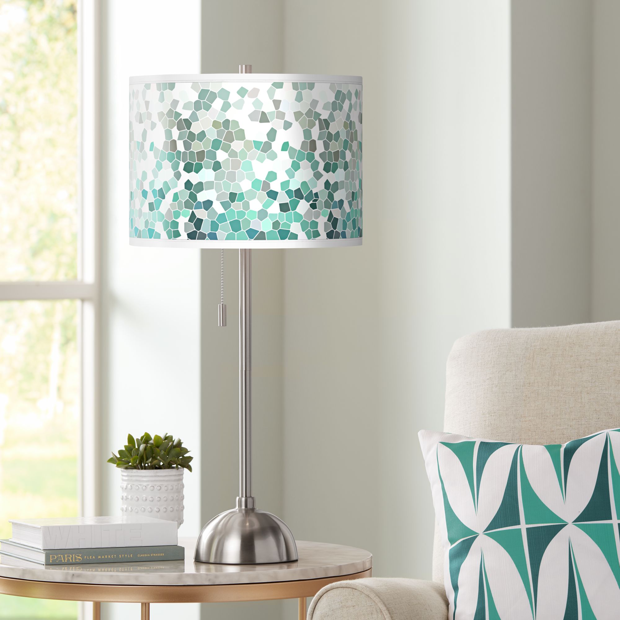 Aqua Mosaic Giclee Brushed Nickel Table Lamp