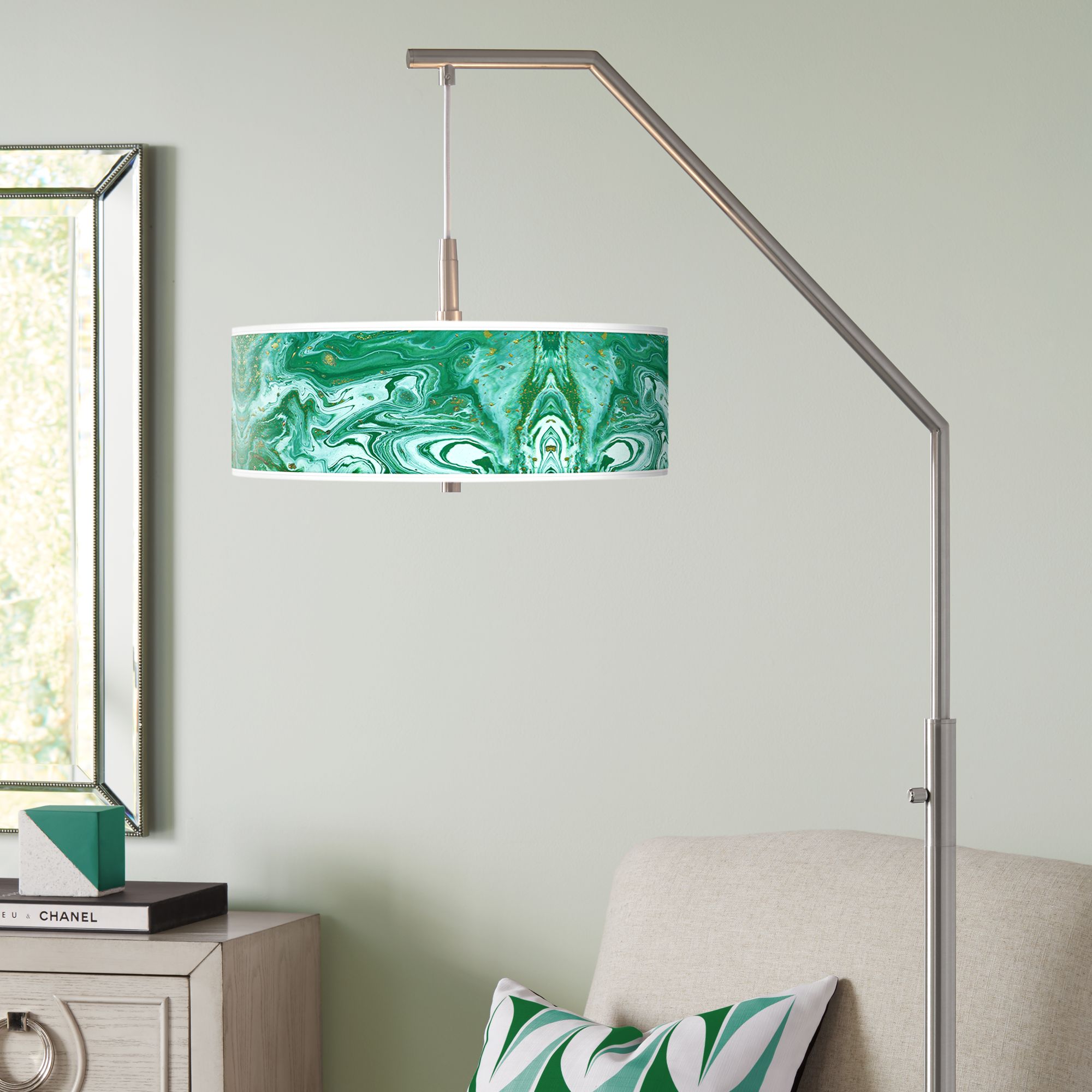 Malachite Giclee Shade Arc Floor Lamp