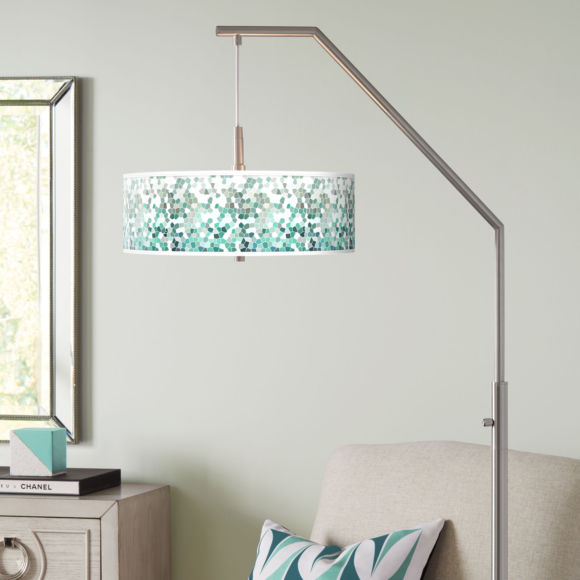 Aqua Mosaic Giclee Shade Arc Floor Lamp
