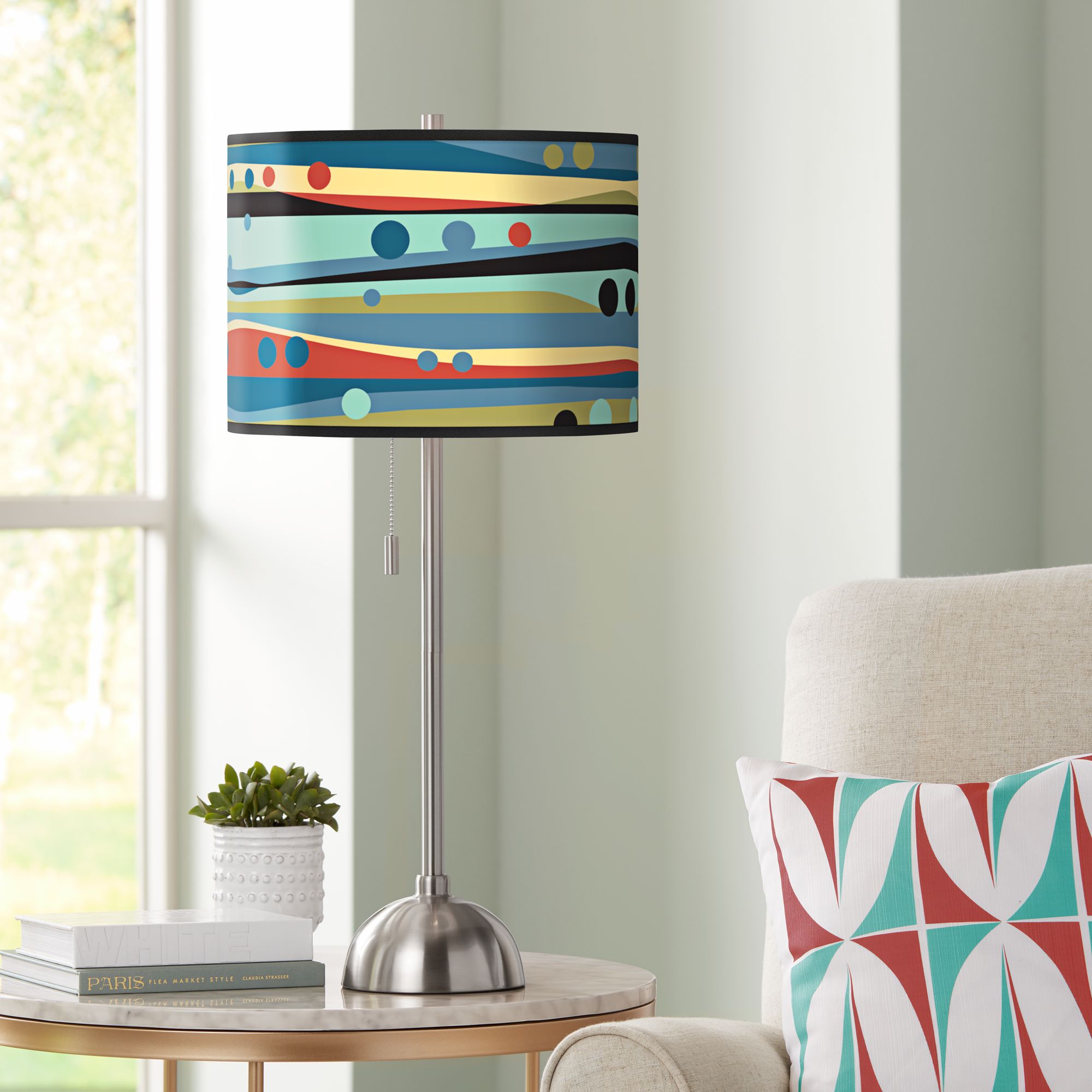 Retro Dots and Waves Giclee Brushed Nickel Table Lamp