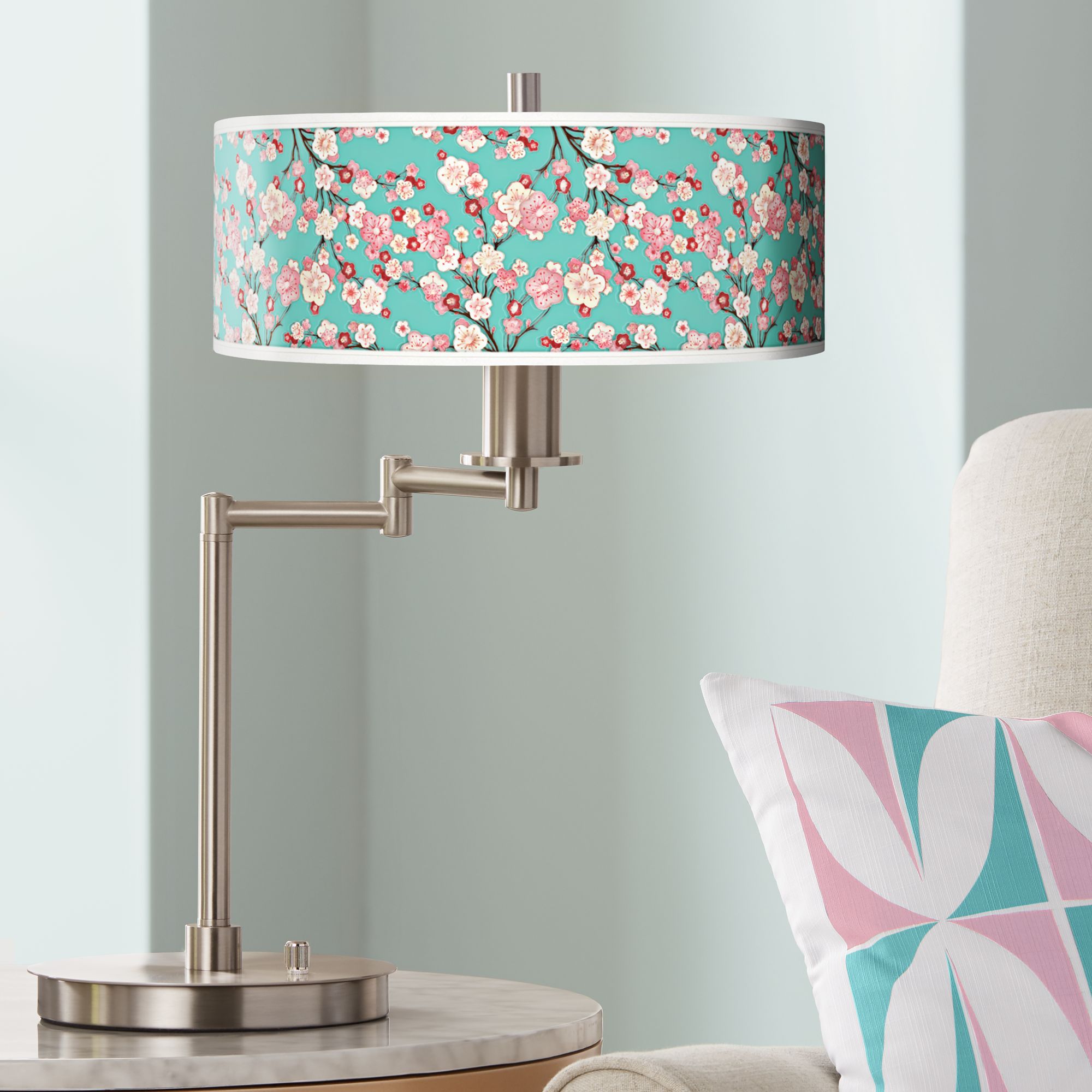 Cherry Blossoms Giclee Shade LED Swing Arm Desk Lamp