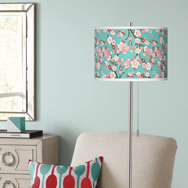 Cherry Blossoms Brushed Nickel Pull Chain Floor Lamp