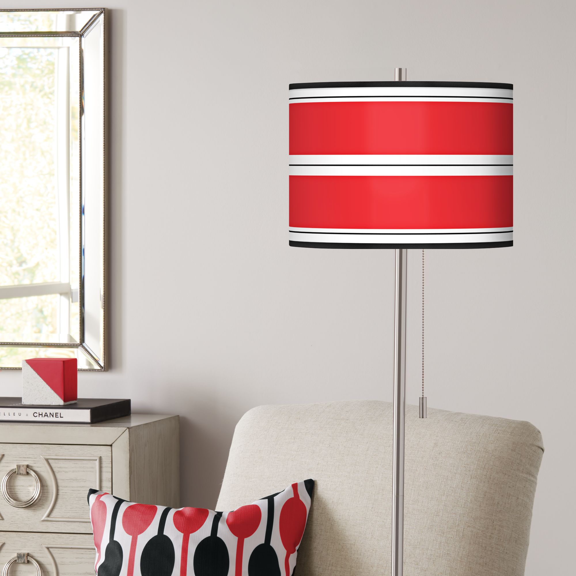 Giclee Red Stripes Brushed Nickel Pull Chain Floor Lamp