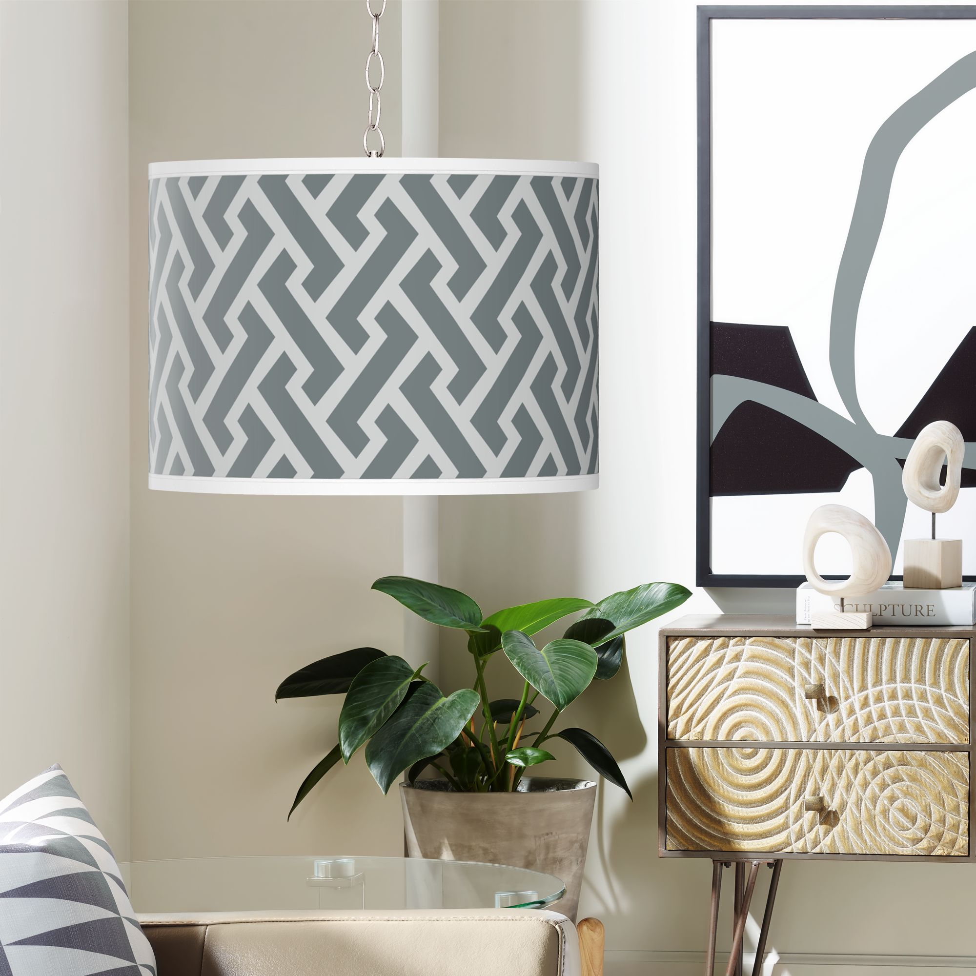 Swag Style Smoke Brick Weave Giclee Plug-In Chandelier