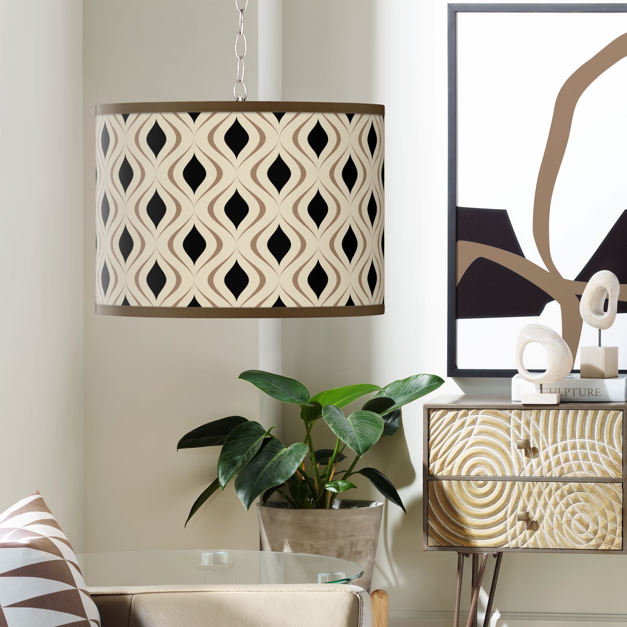 Swag Style Gray Retro Lattice Giclee Plug-In Chandelier