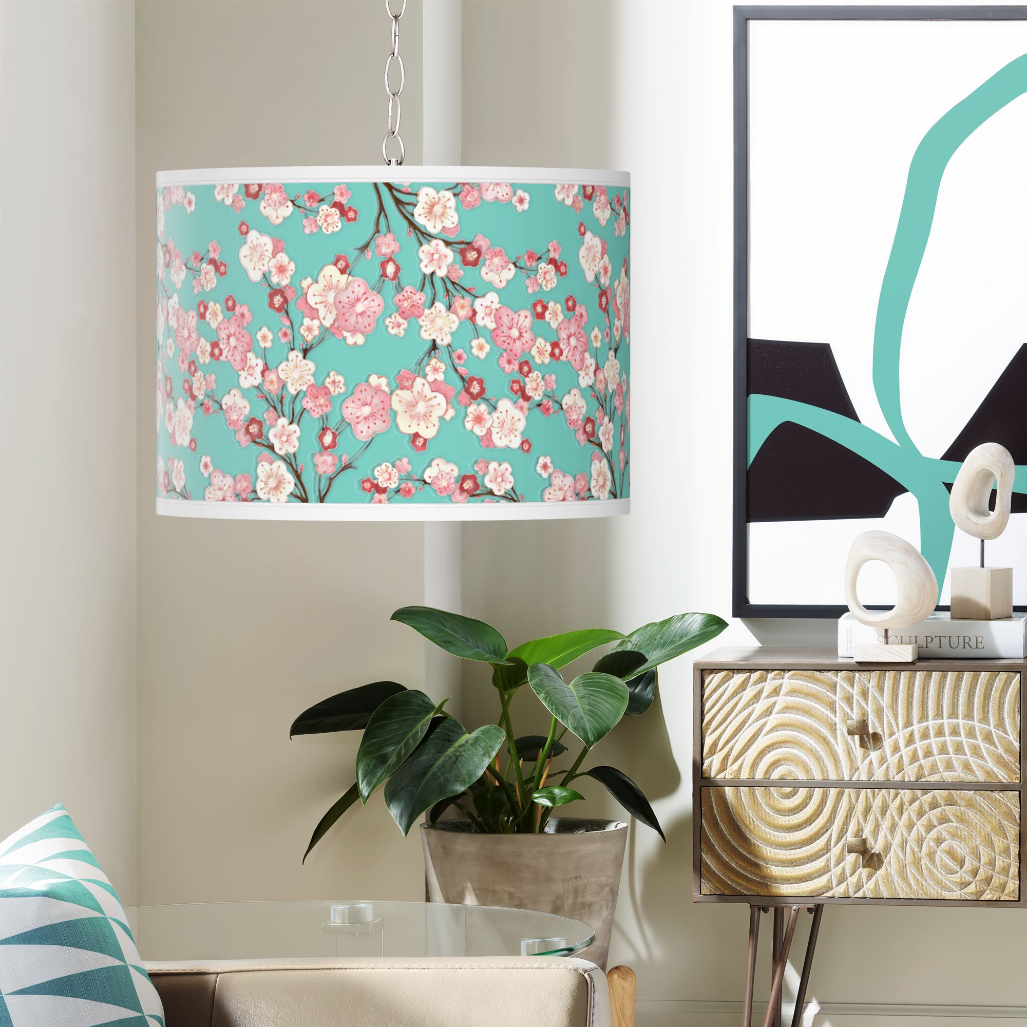 Swag Style Cherry Blossoms Giclee Shade Plug-In Chandelier