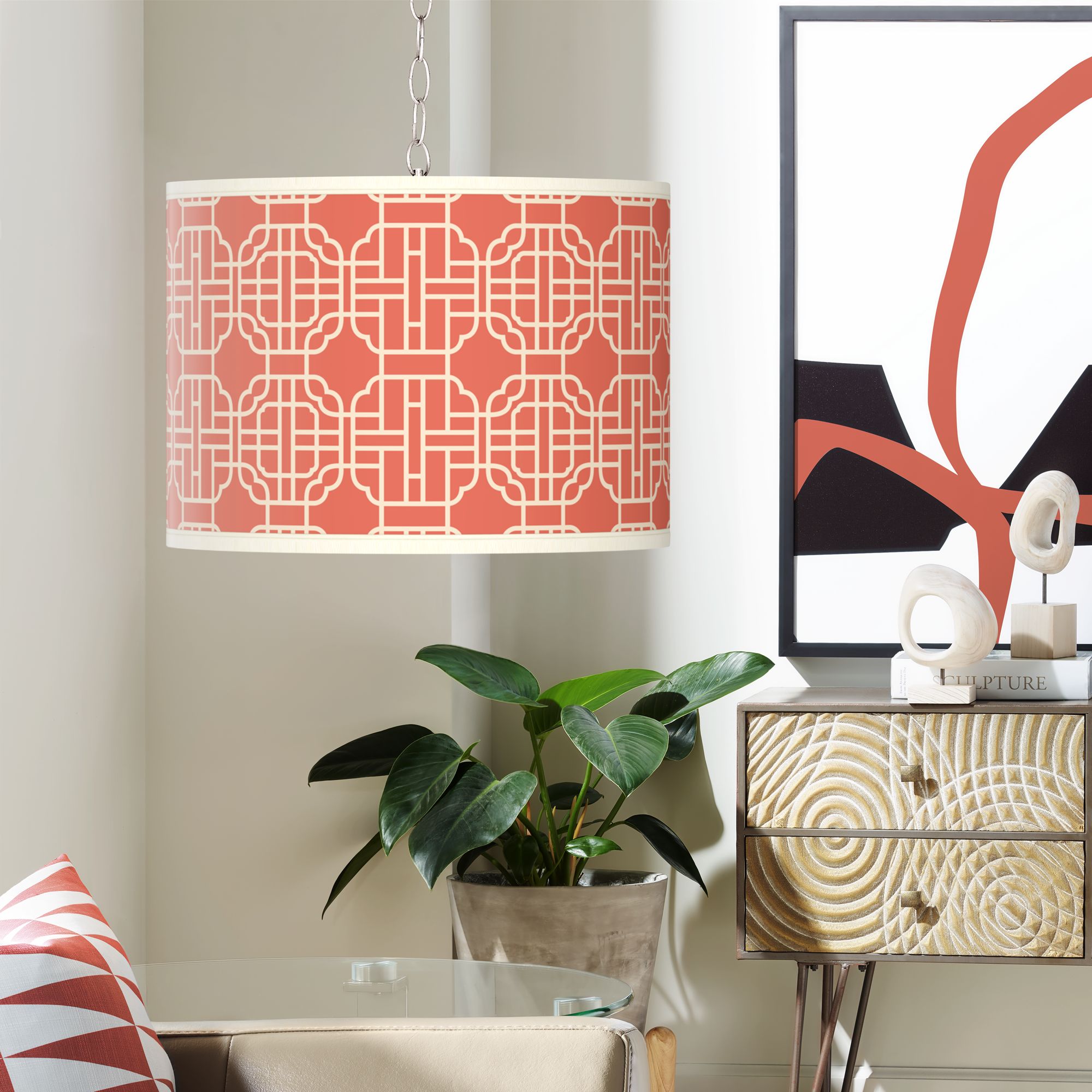 Swag Style Mandarin Giclee Shade Plug-In Chandelier