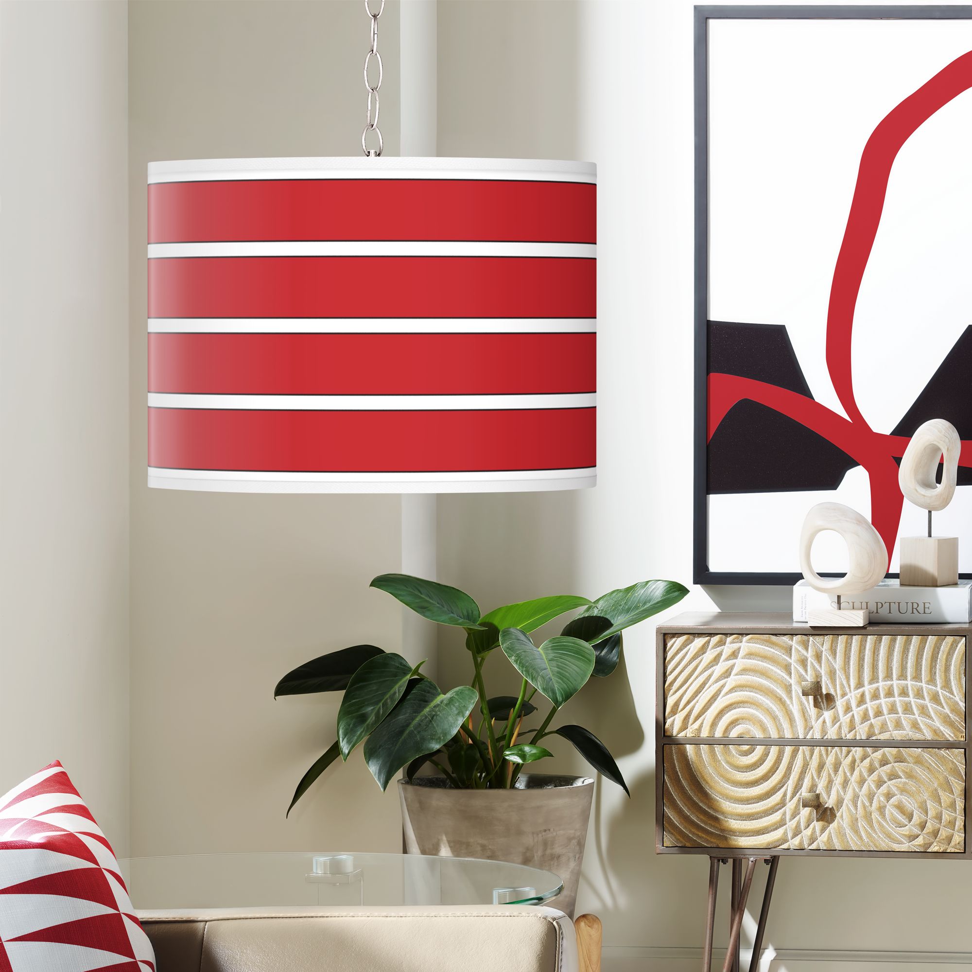 Swag Style Bold Red Stripe Shade Plug-In Chandelier