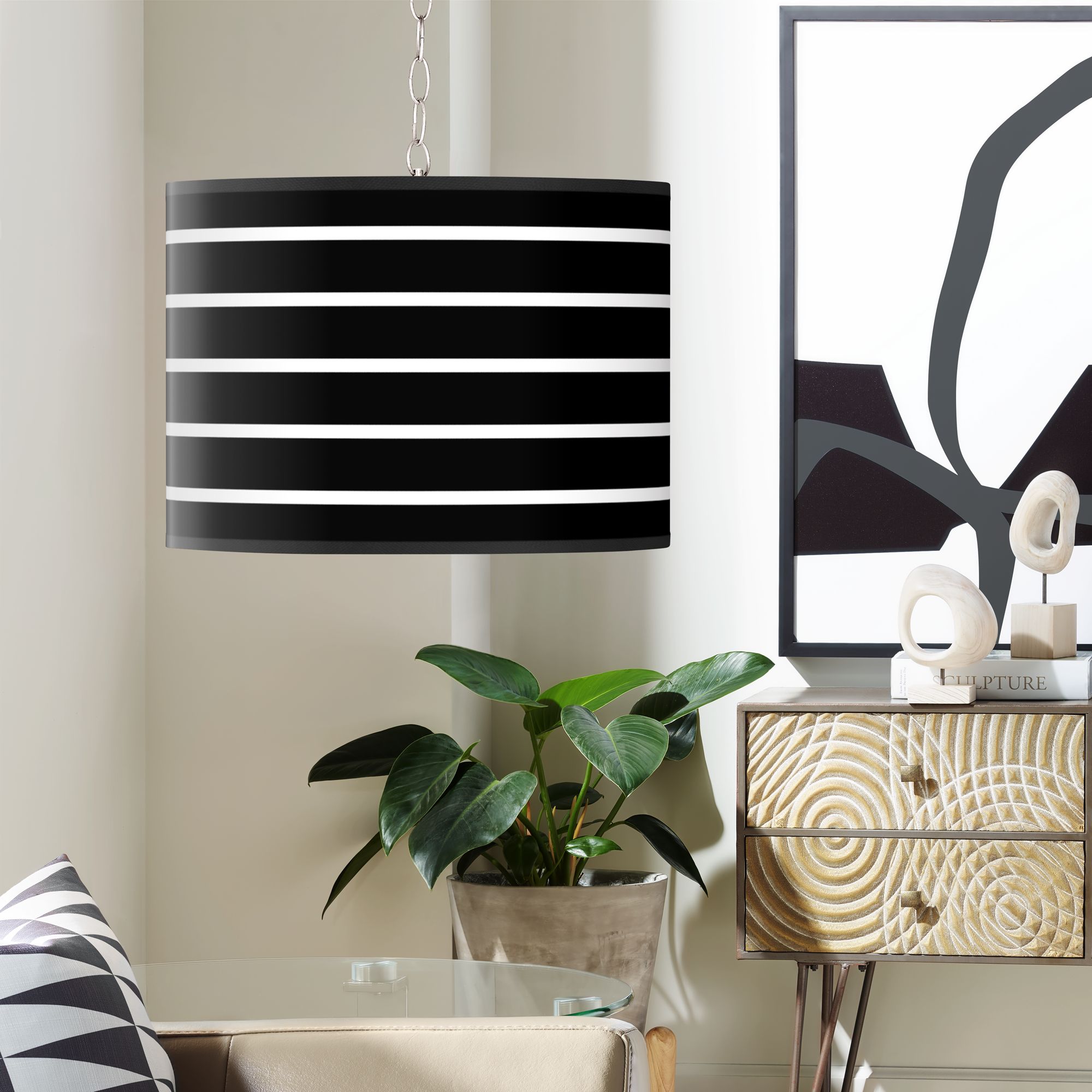 Swag Style Bold Black Stripe Shade Plug-In Chandelier