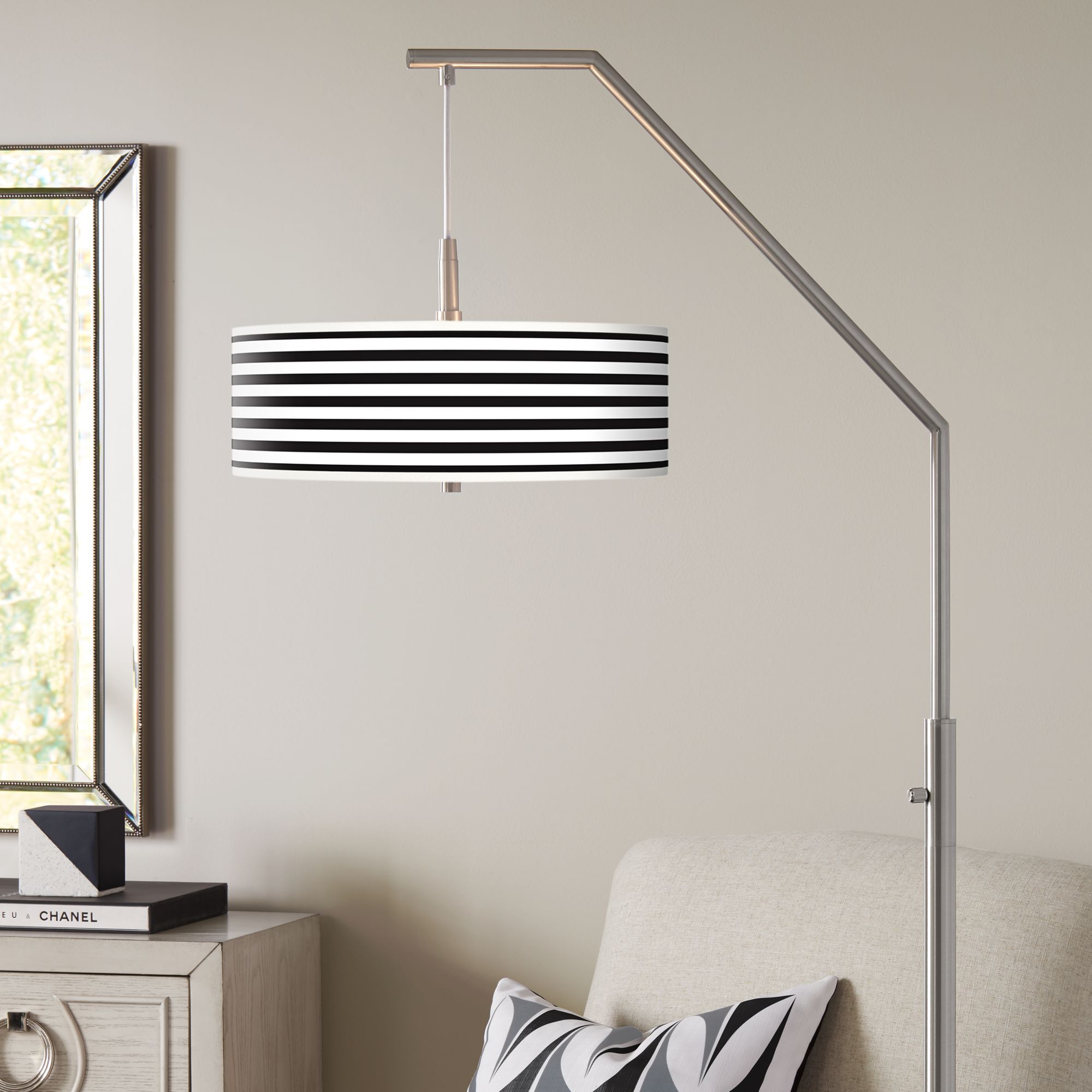 Black Horizontal Stripe Giclee Shade Arc Floor Lamp