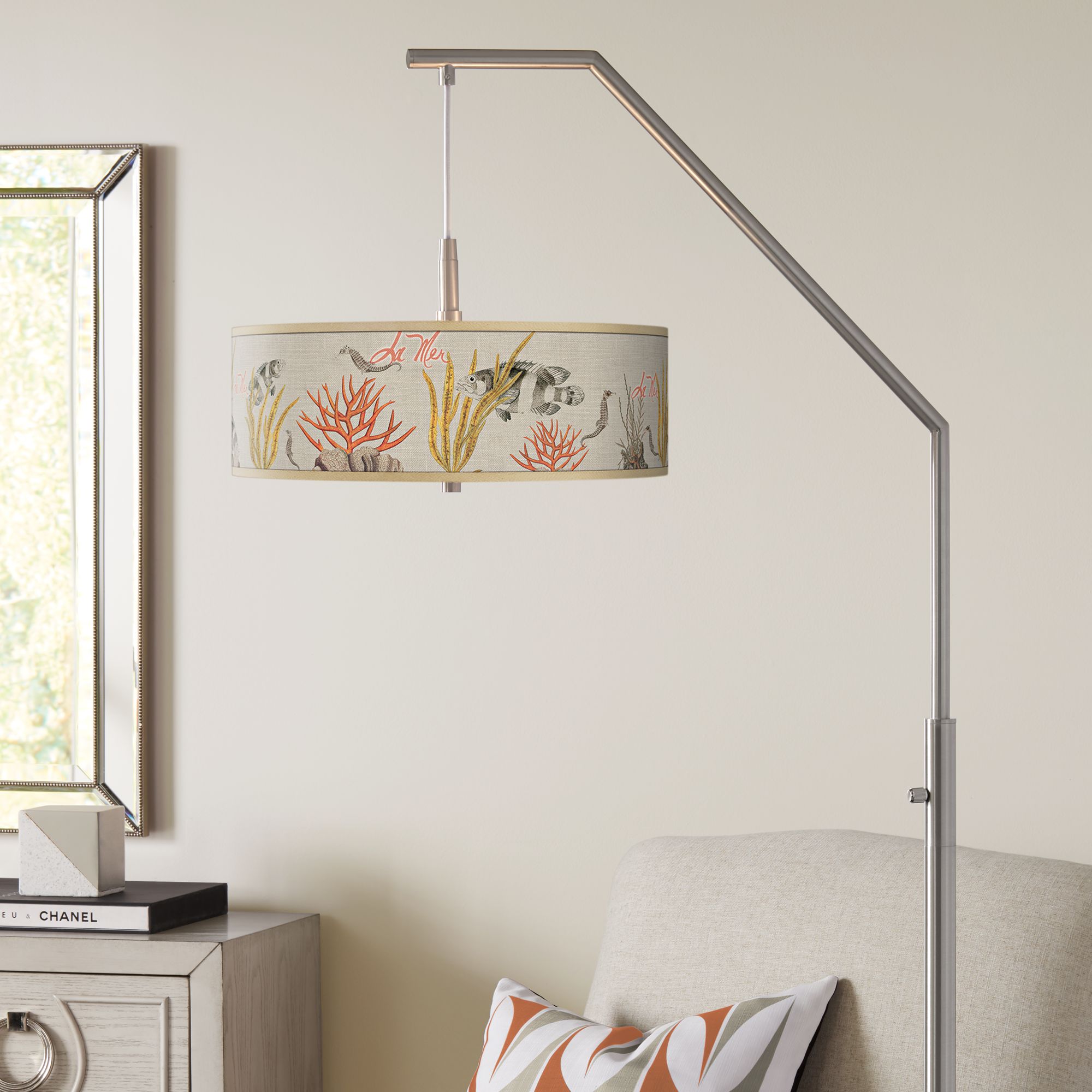 La Mer Coral Giclee Shade Arc Floor Lamp