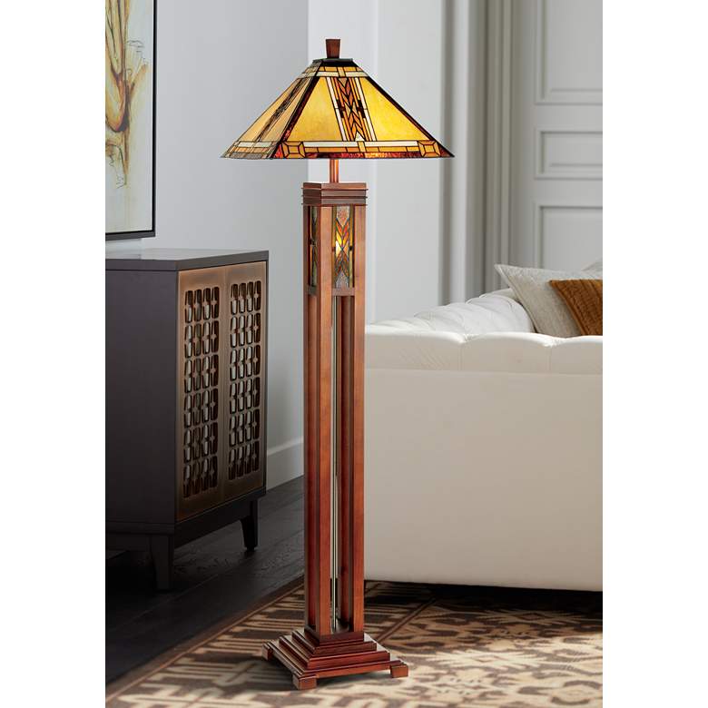 Image 1 Walnut Mission Tiffany Style Floor Lamp with Night Light
