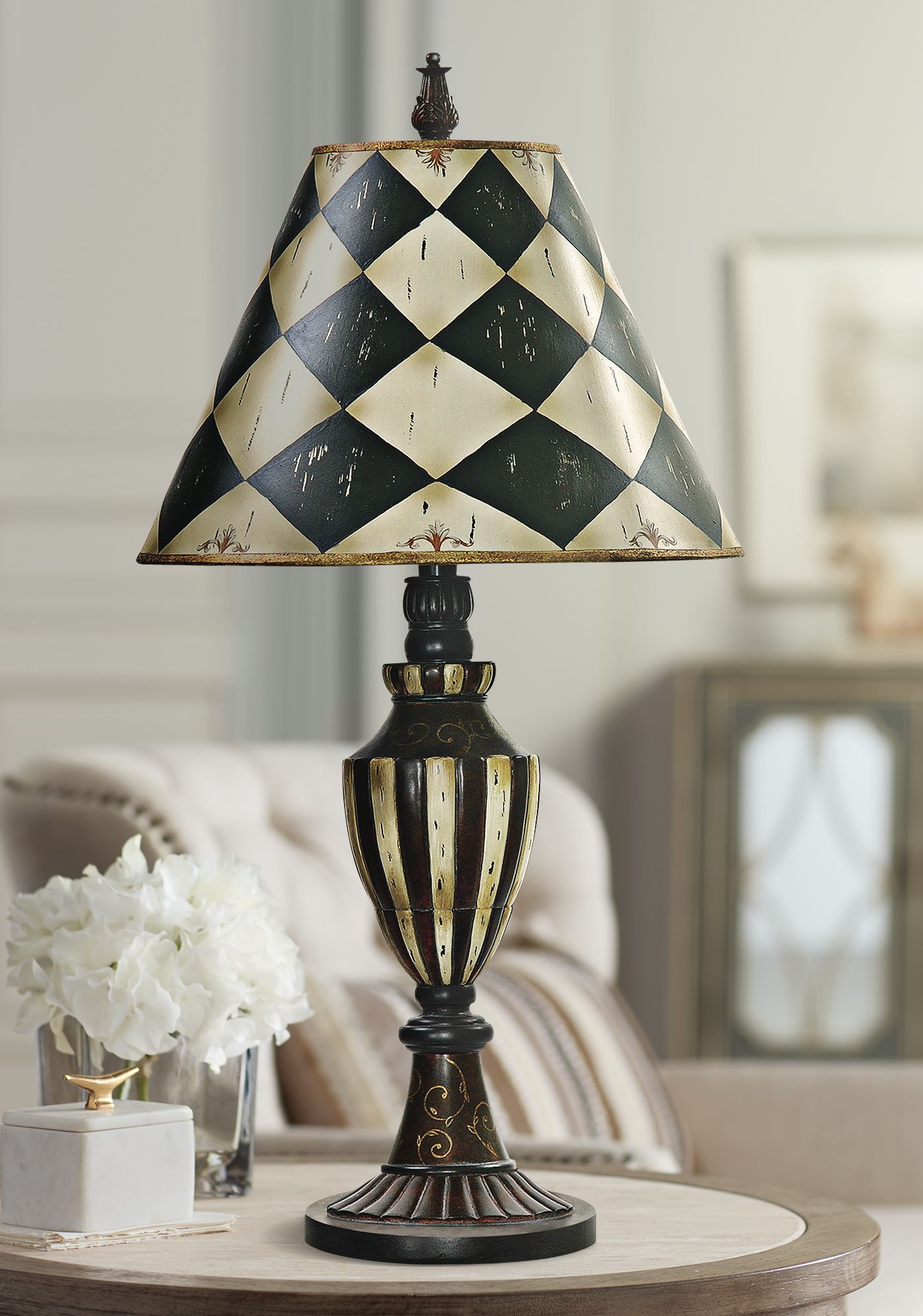 Harlequin and Stripe Black Antique White Urn Table Lamp