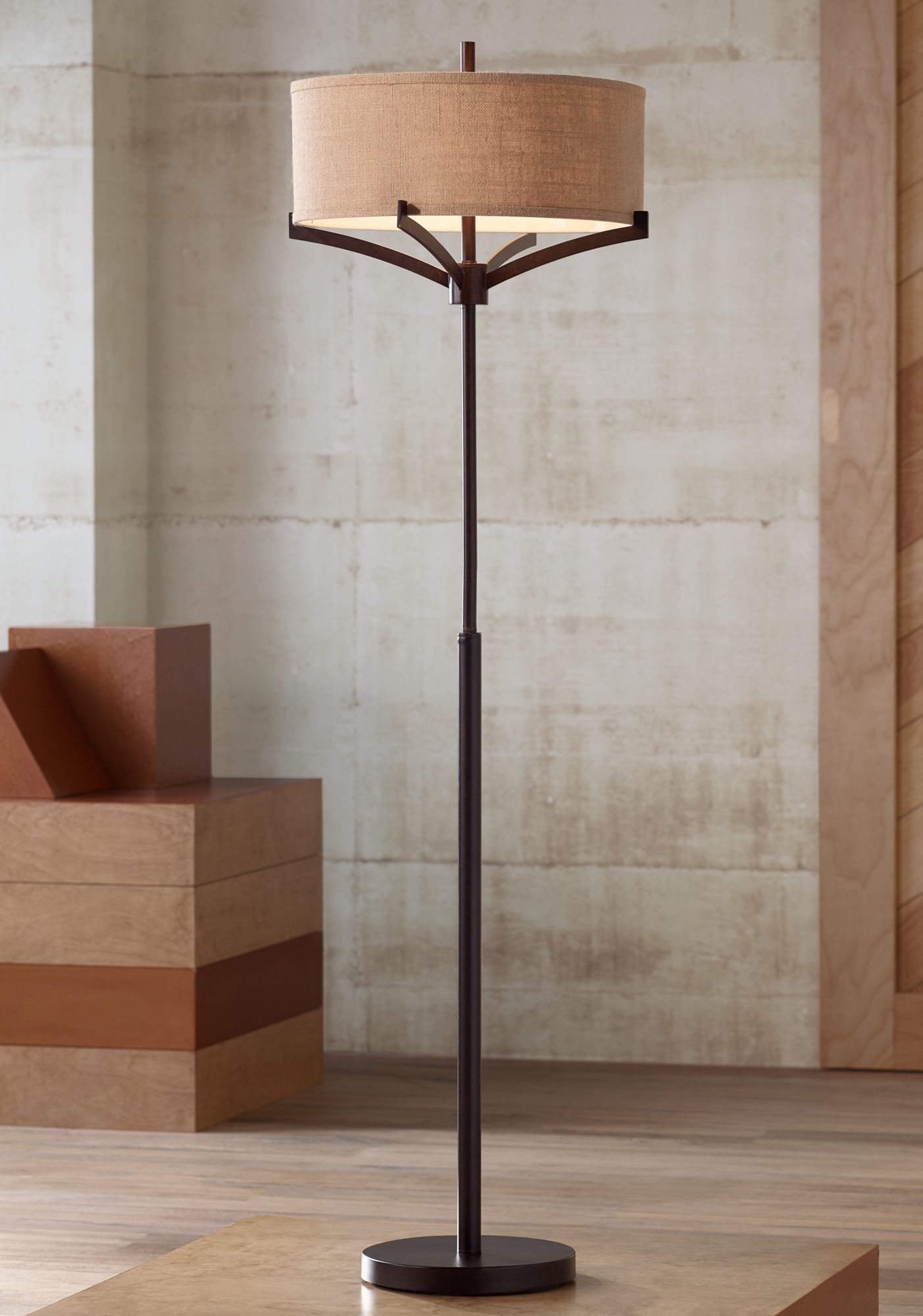 Franklin Iron Works Mid Century Modern Floor Lamp Deep Bronze Tan Burlap Drum Shade for Living Room Reading Bedroom Office