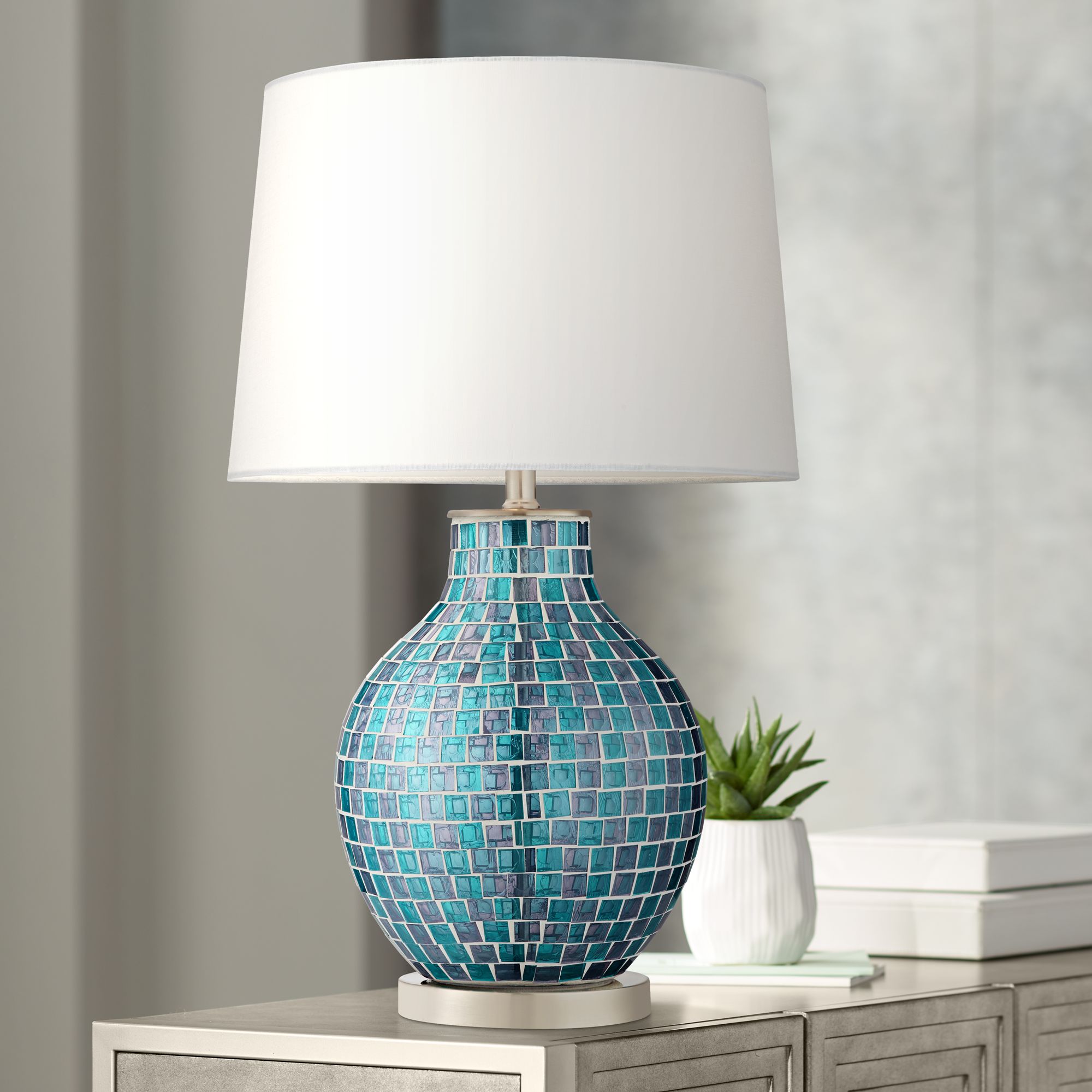 Teal Blue Glass Mosaic Jar Table Lamp 