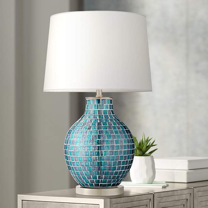 Teal Blue Glass Mosaic Jar Table Lamp, Teal Blue Bedside Lamps