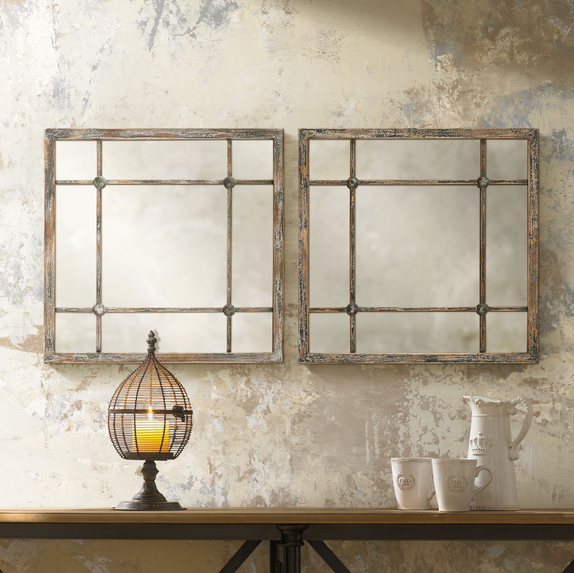 Saragano Distressed 19" Square Wall Mirrors Set of 2