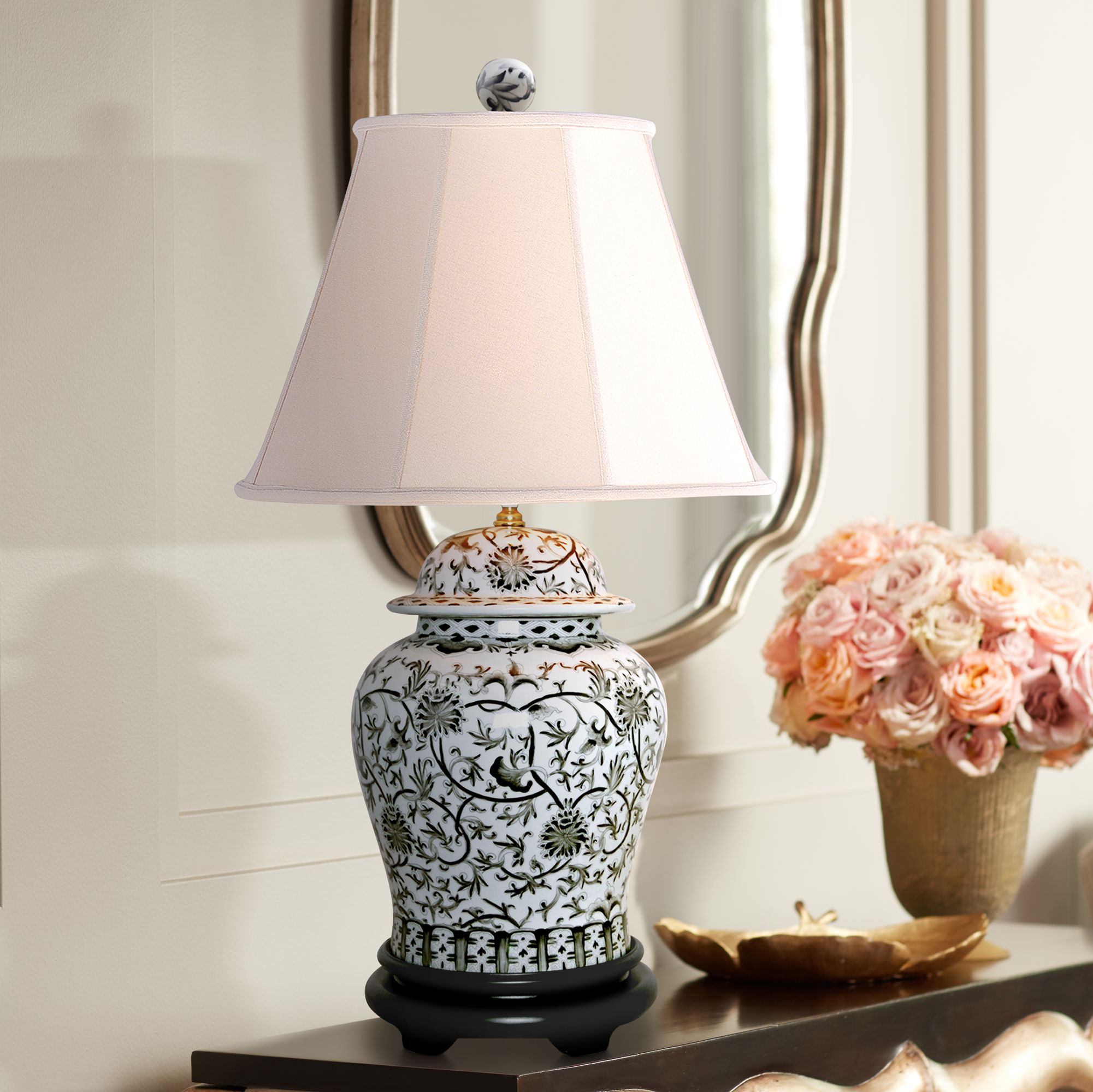 Black And White Floral Temple Jar Table Lamp