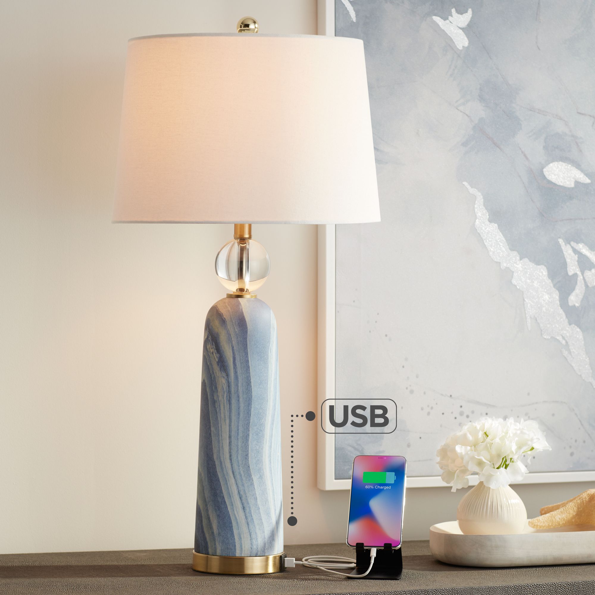 Ryan Modern Luxe Blue Faux Marble USB Table Lamp