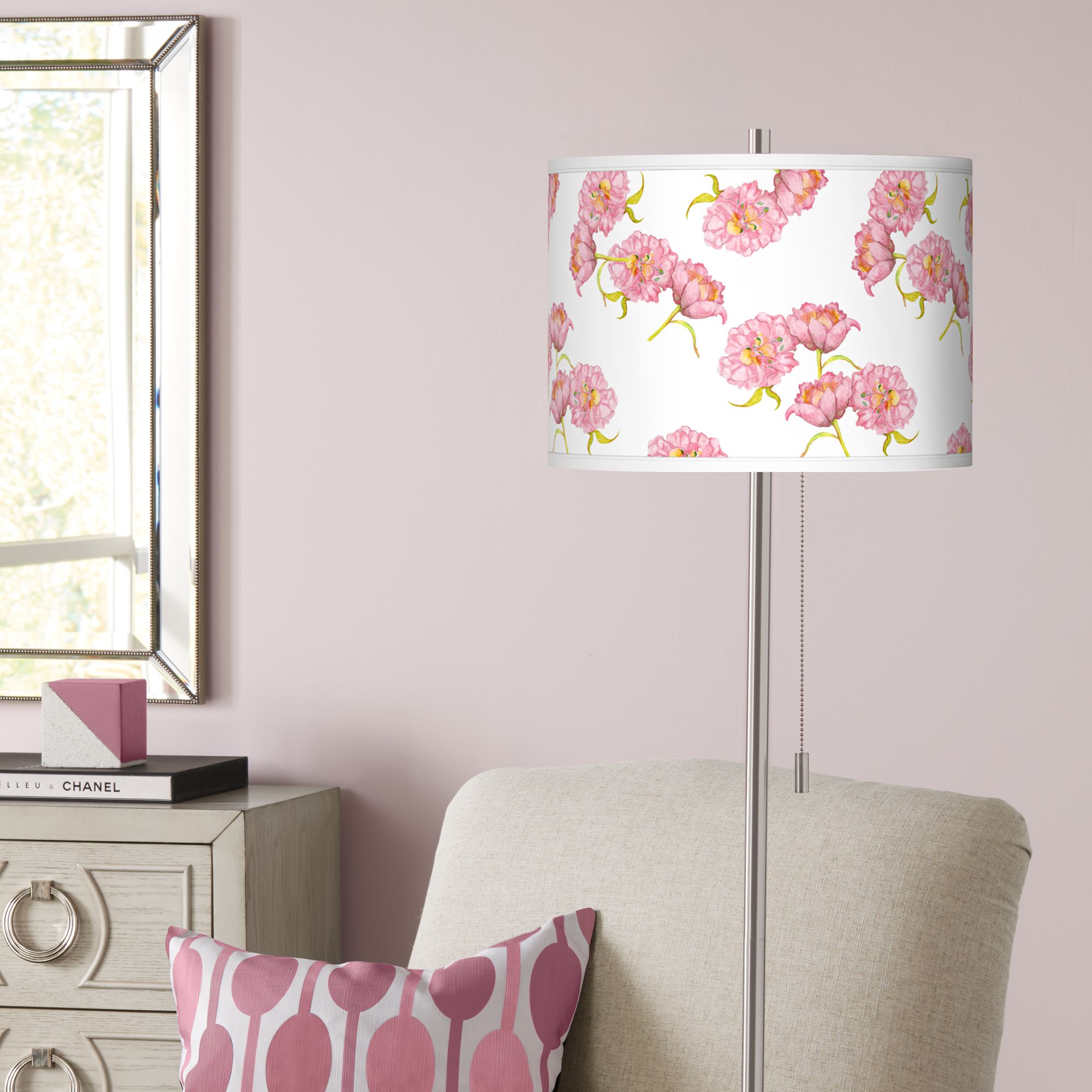Pretty Peonies Brushed Nickel Pull Chain Floor Lamp