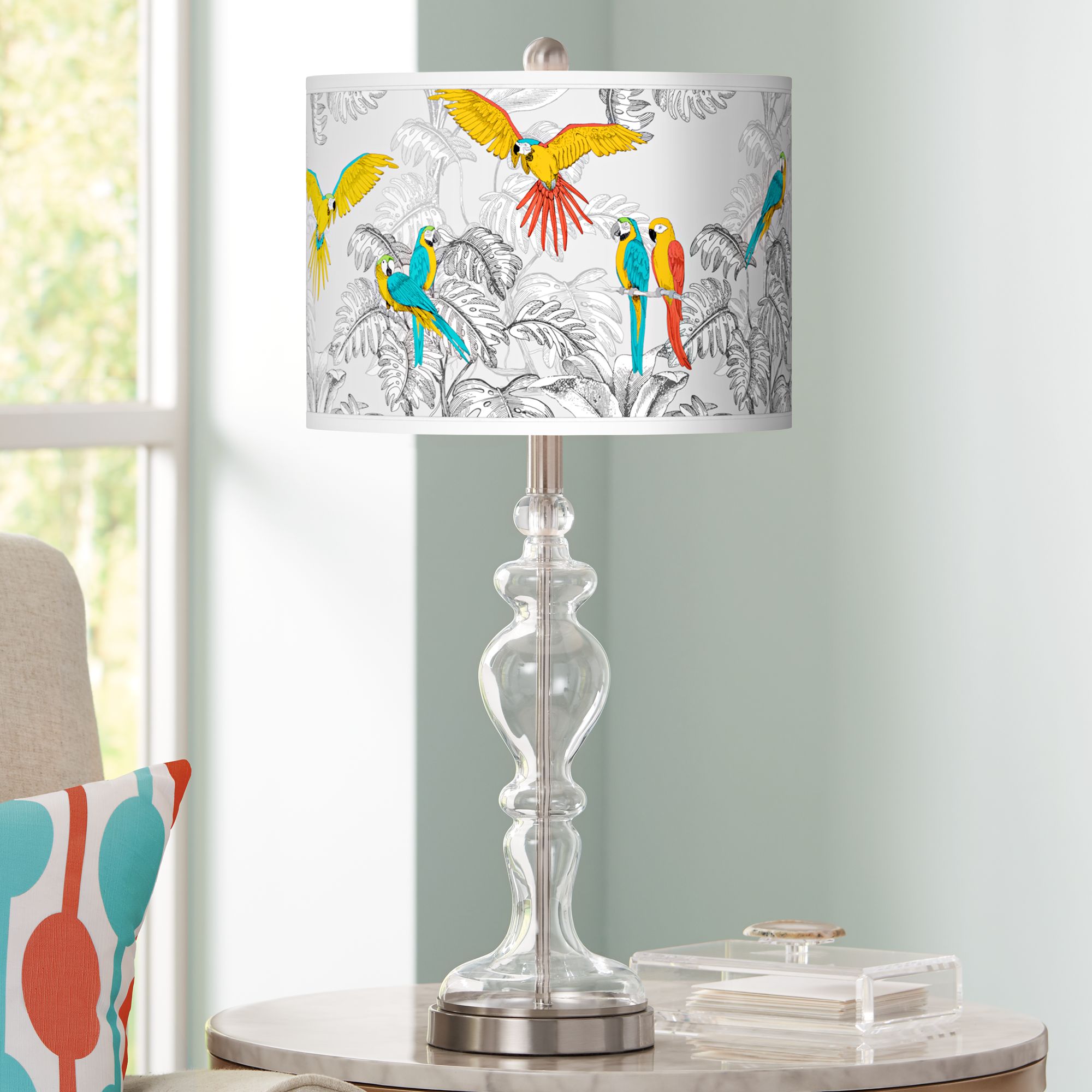 Macaw Jungle Giclee Apothecary Clear Glass Table Lamp