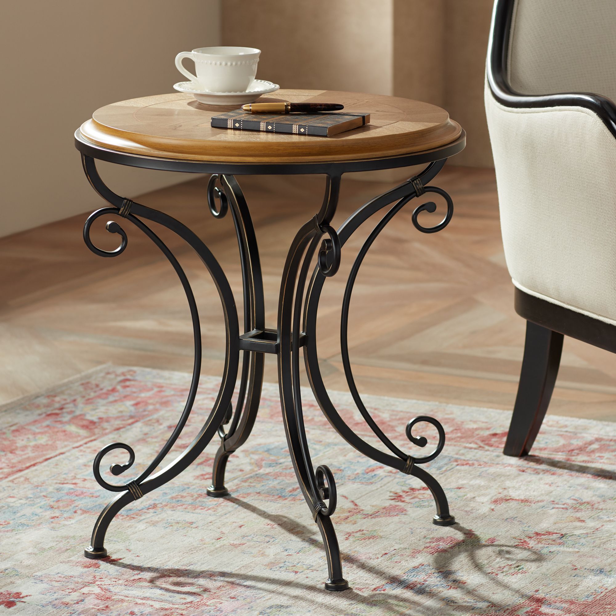 Leda 22 1/4" Wide Gold Brushed Black Round Accent Table