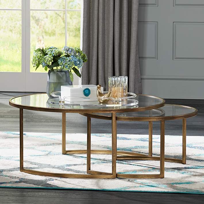 Rhea 42 Wide Gold Leaf And Glass, Gold And Glass End Table Set
