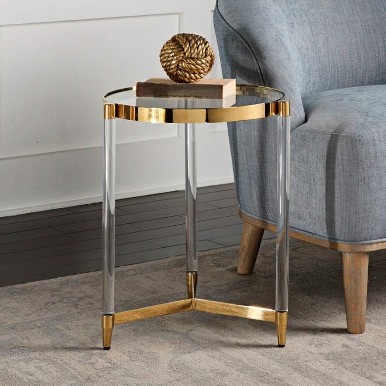 Kellen 16&quot; Wide Glass and Gold Modern Round Accent Table