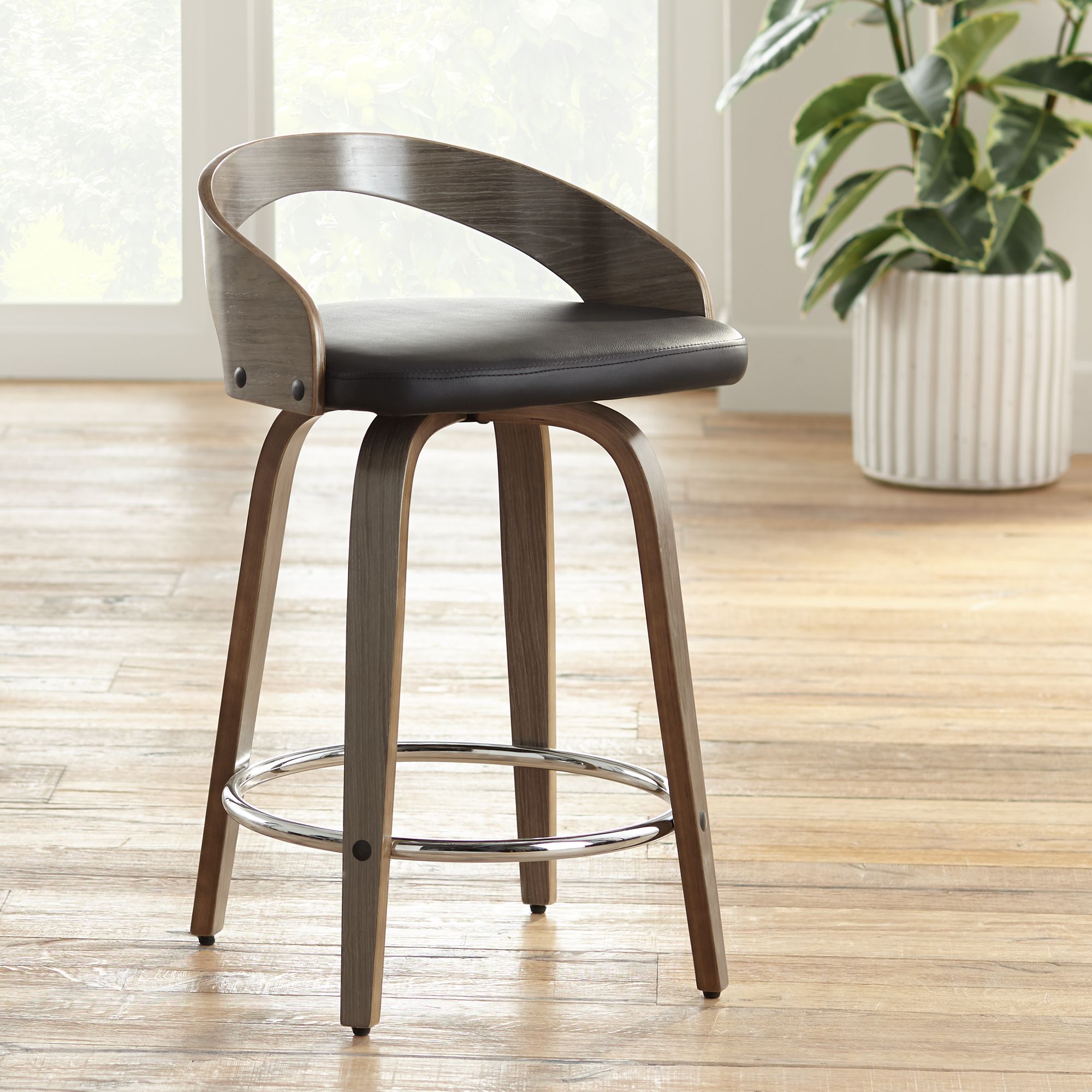 Gratto 24" Black Faux Leather Gray Wood Swivel Counter Stool
