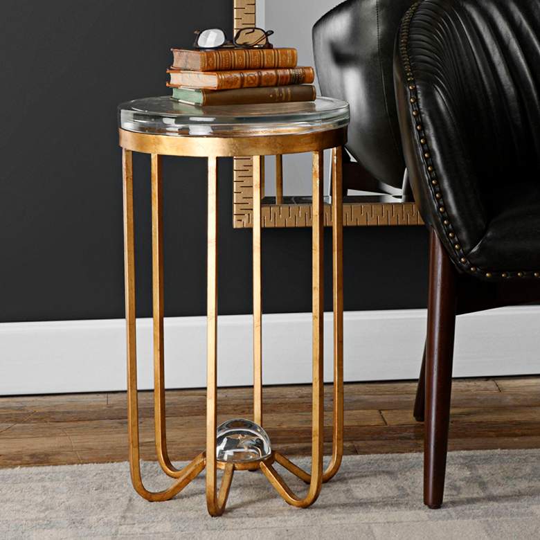 Allura 14&quot; Wide Antiqued Gold Leaf Metal Accent Table