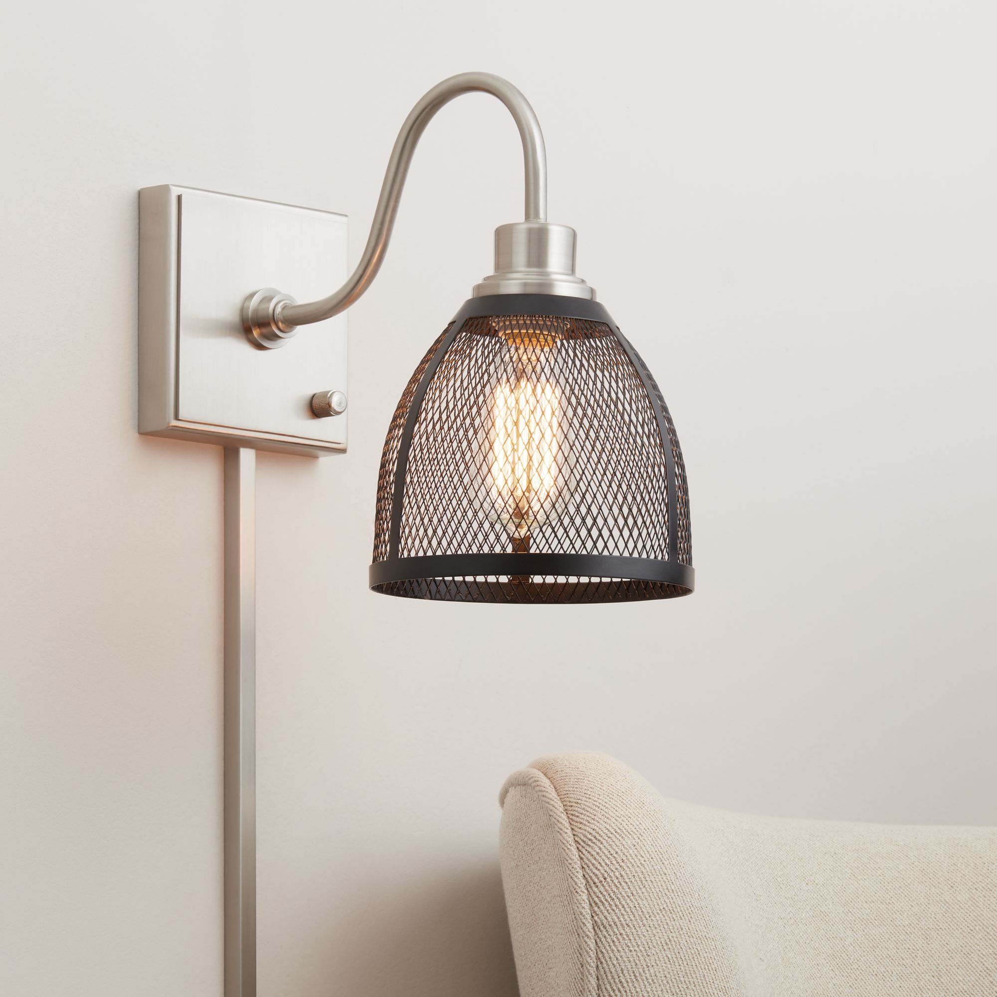 Sam Brushed Nickel and Black Mesh Shade Pin-Up Wall Lamp