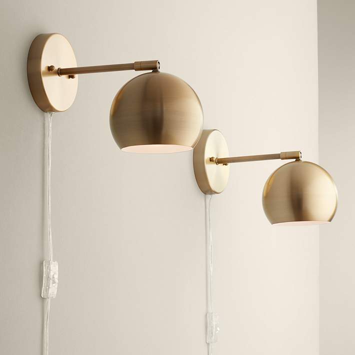 Selena Brass Sphere Shade Plug In Led, Wall Lamps For Bedroom Set Of 2